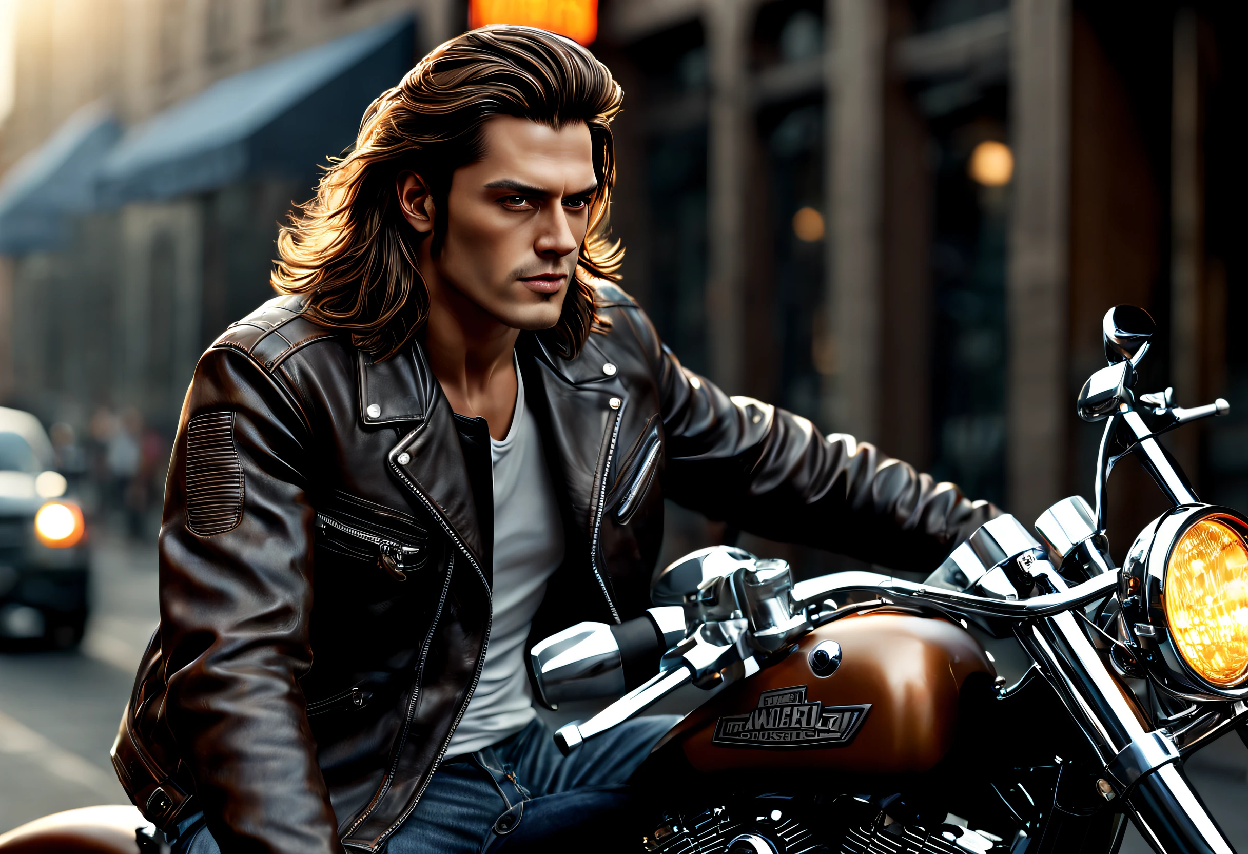 (best quality, 4k, 8k, high resolution, masterpiece: 1.2), ultra detailed, (realistic, photorealistic, photorealistic: 1.37), a man, long brown hair, wearing a leather jacket and jeans sitting on his large Harley Davidson motorcycle, portrait, highly detailed, intense lighting, windy day, biker bar in the background, chrome reflecting sunlight, smoke from the motorcycle engine, worn leather jacket, detailed jeans and stitching on the pockets, minimalist background (image taken with a large format professional camera: 1.2)