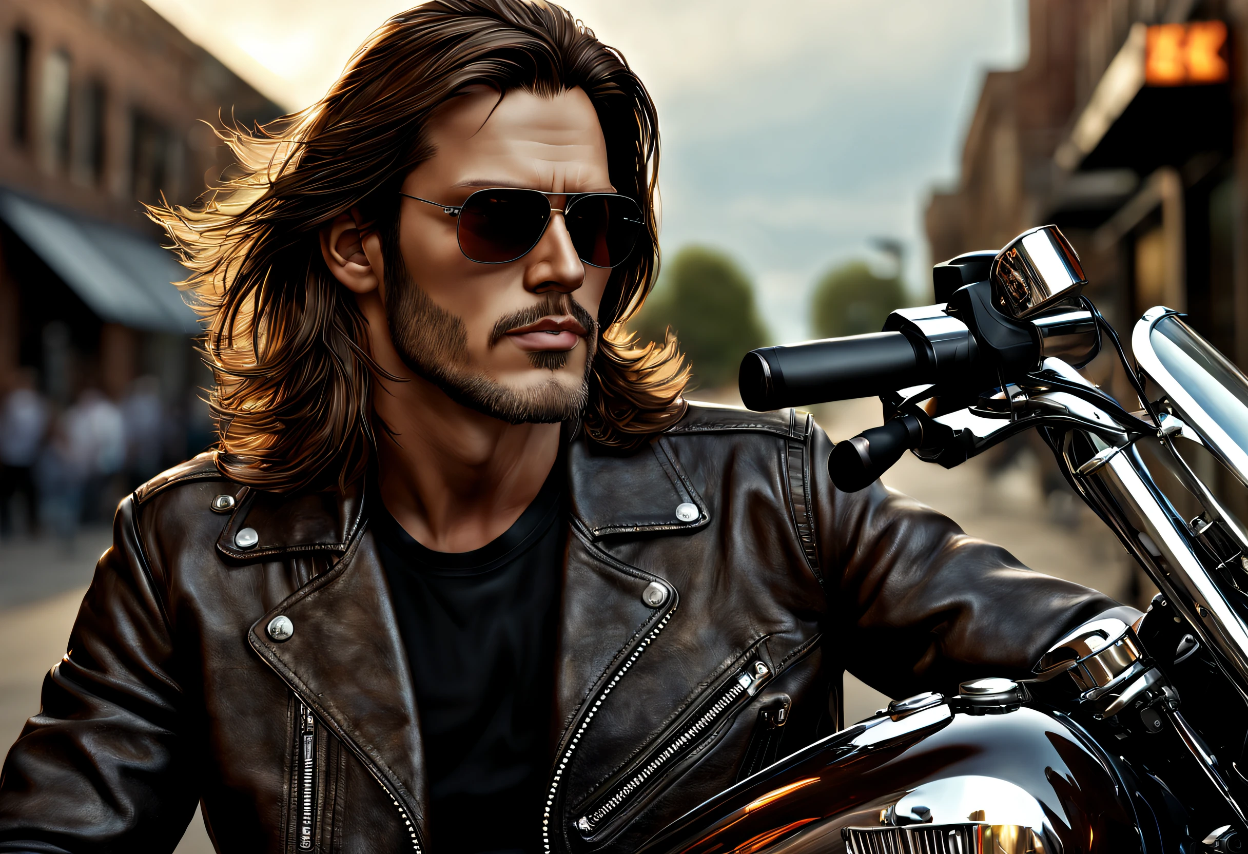 (best quality, 4k, 8k, high resolution, masterpiece: 1.2), ultra detailed, (realistic, photorealistic, photorealistic: 1.37), a man, long brown hair, wearing a leather jacket and jeans sitting on his large Harley Davidson motorcycle, portrait, highly detailed, intense lighting, windy day, biker bar in the background, chrome reflecting sunlight, smoke from the motorcycle engine, worn leather jacket, detailed jeans and stitching on the pockets, minimalist background (image taken with a large format professional camera: 1.2)