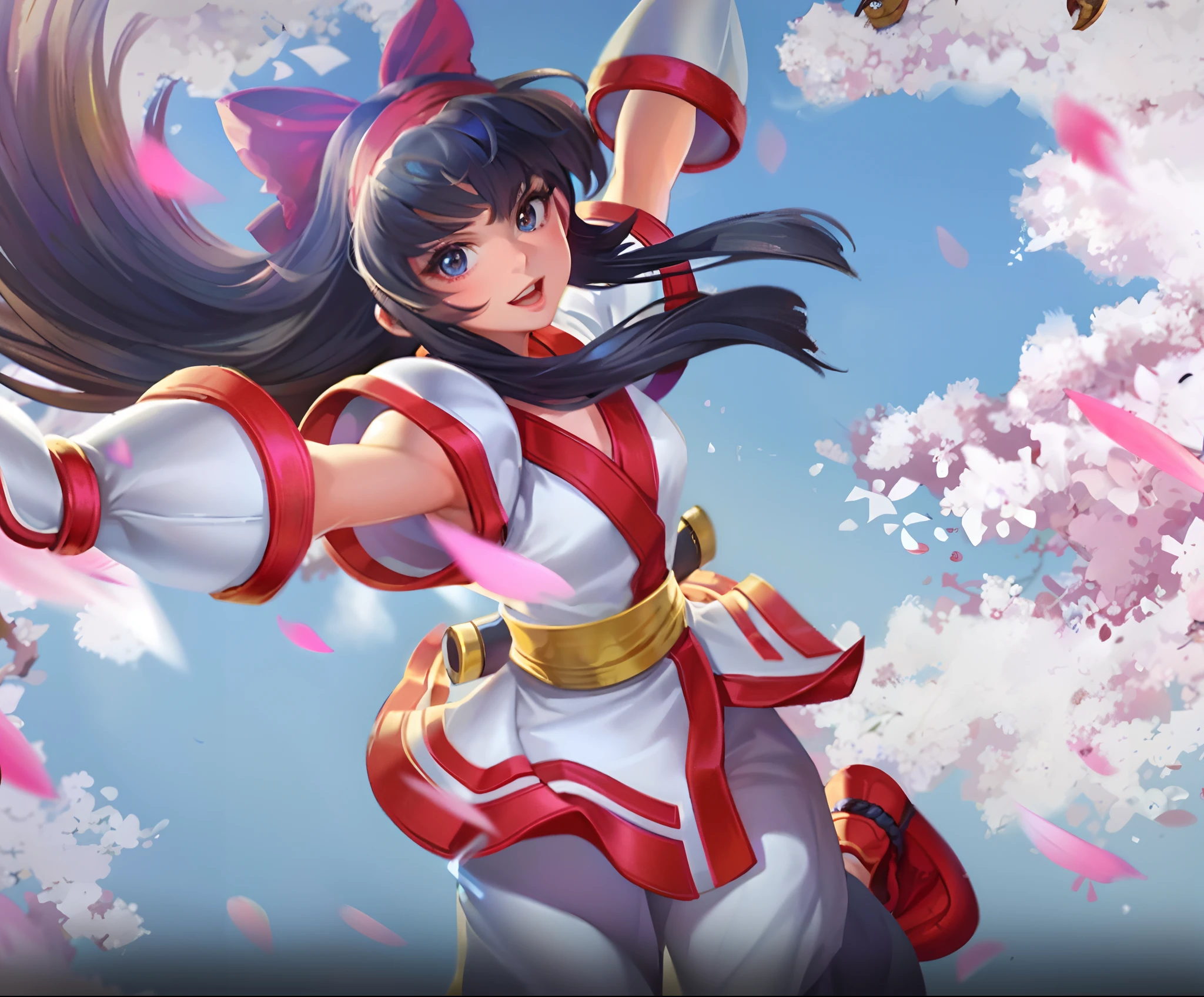 um close up de uma mulher com uma roupa vermelha e branca segurando uma espada, arte oficial splash, arte detalhada Onmyoji, Retrato de Onmyoji, Onmyoji, personagem de jogo de luta, sakura petals around her, Retrato de Chun - Li, reimu hakurei, Retrato de Chun Li, cushart krenz arte chave feminina, Heise Jinyao, 8k Full HD
