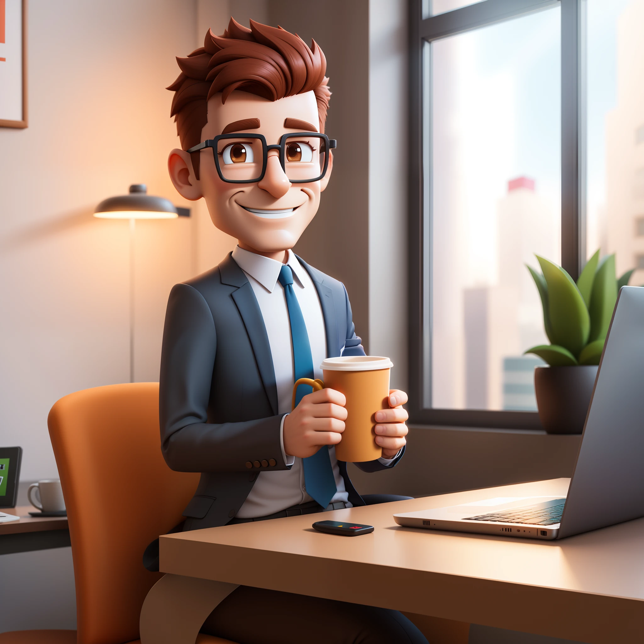 Smiling cartoon man in suit sitting at a table with a laptop and a cup of coffee, detailed 2d illustration, Cartoon style illustration, 3 d render stylized, 3d rendering stylized, animation style rendering, corporate animation style, para alugar artista 3d, 2d illustration, 2d illustration, stylized as a 3d rendering, semi-realistic rendering