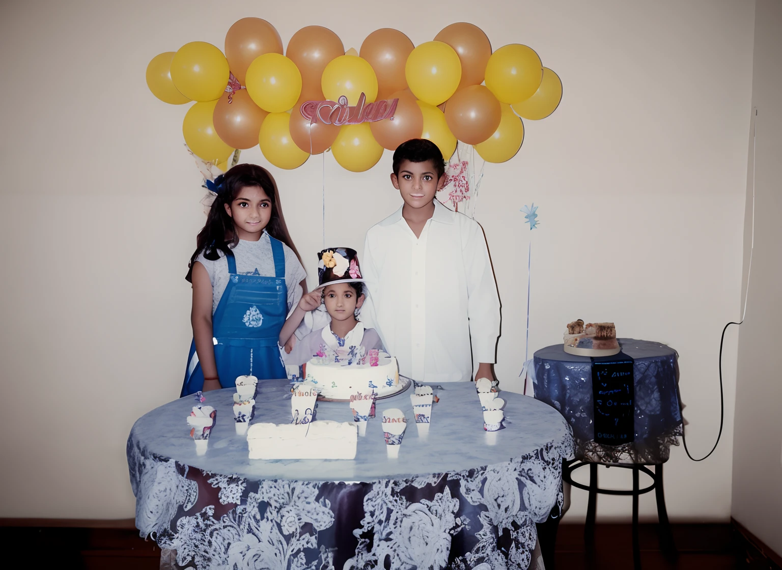Fotografia Realista, There are three people standing behind a table with a cake, You are approximately 25 years old,,another around , The man is about 30 years old, at a birthday party. PRESERVAR ROSTROS ORIGINALES.