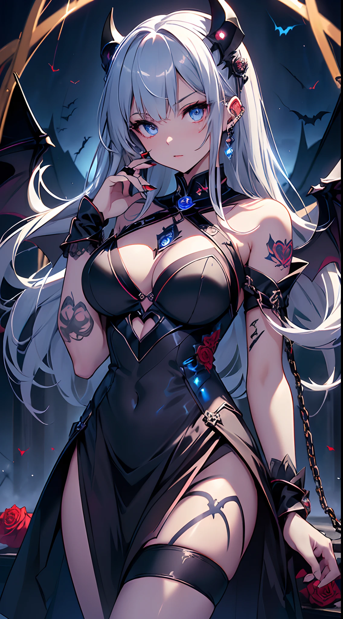 top-quality、Top image quality、masterpiece、girl with((18year old、Dark clothing、Dark bra、Dark skirt、 Best Bust、Bust 90、Blonde long、Blue eyes、open chest wide、Valley、Happiness、A slender、Provocative behavior、Evil face、Handcuffed、High laughter、Skull Tattoo、Tattoo of roses、Targeting your audience、Tighten blue rose hair、Aura of Darkness,Dark Forces,blue flames、Chain Accessories、Black wings、Black manicure、Black whip、Wearing the Vibration of Darkness))hiquality、Beautiful Art、Background with((prison、Dark impression、nightcity,Red sky、Many bats、many chains、the magma、Bright red earth))、masutepiece、Elaborate design、visualart、dark art