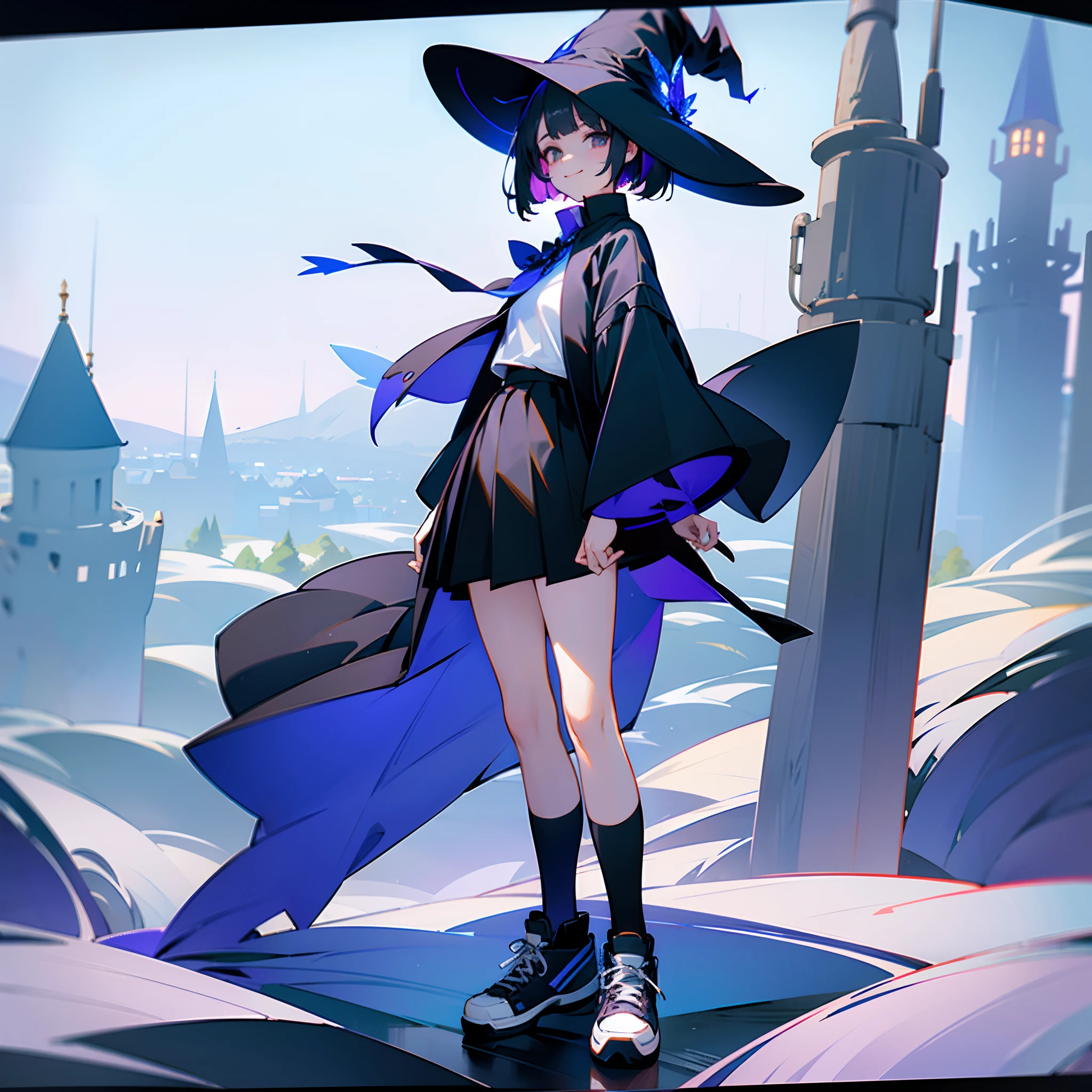 A mystical otherworldly half-timber town、Standing Girl、Black coat、white t-shirt、a black skirt、beautiful thigh、Beautiful calves、White short hair with blue-purple mesh、Looking at me with a smile、Black sneakers with white shoelaces、Large witch hat with sapphire accessories、Dark brown eyes with highlights、On a hilltop with a panoramic view of the town