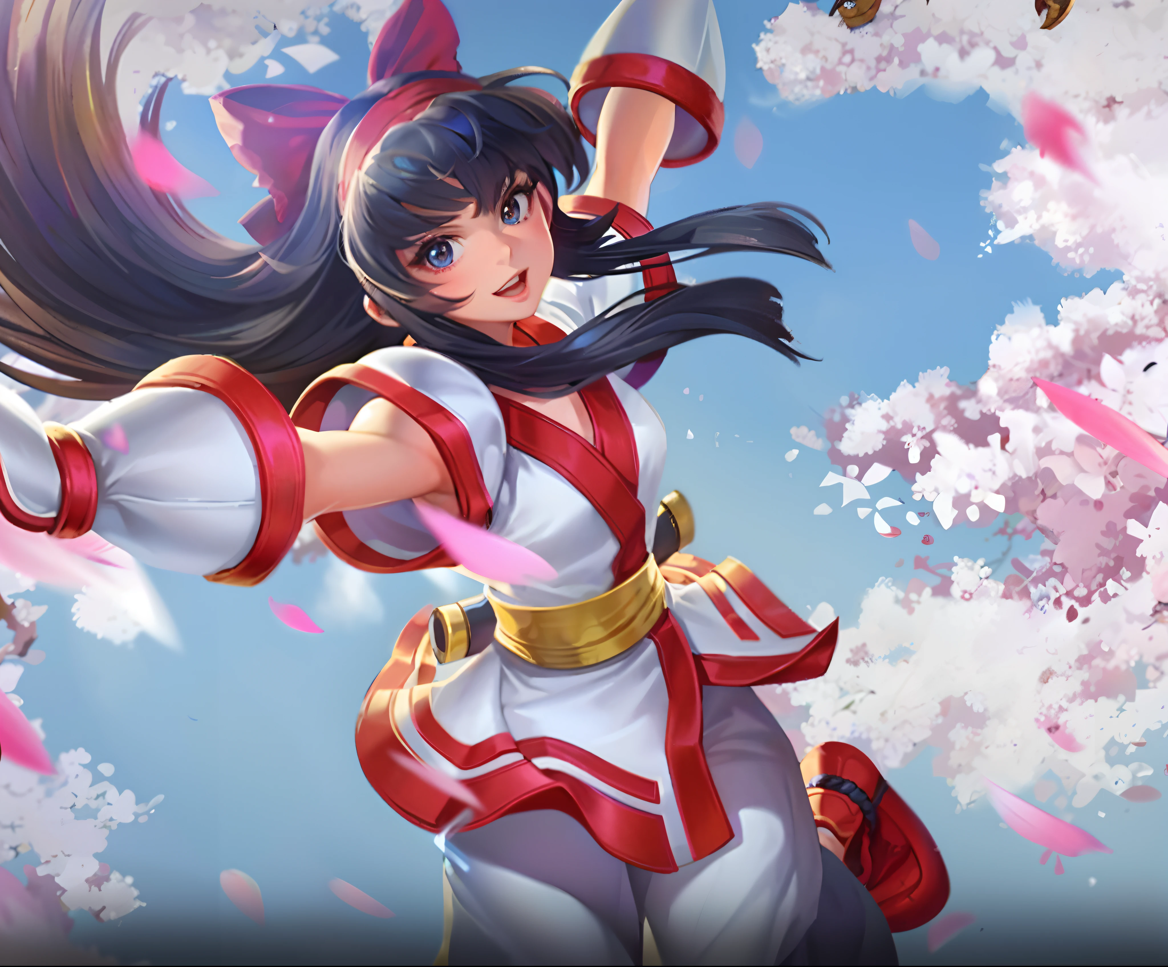 um close up de uma mulher com uma roupa vermelha e branca segurando uma espada, arte oficial splash, arte detalhada Onmyoji, Retrato de Onmyoji, Onmyoji, personagem de jogo de luta, sakura petals around her, Retrato de Chun - Li, reimu hakurei, Retrato de Chun Li, cushart krenz arte chave feminina, Heise Jinyao, 8k Full HD