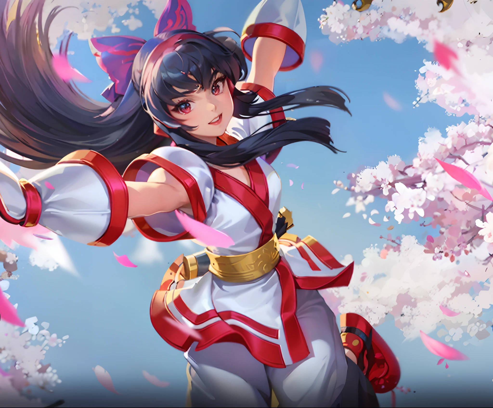 um close up de uma mulher com uma roupa vermelha e branca segurando uma espada, arte oficial splash, arte detalhada Onmyoji, Retrato de Onmyoji, Onmyoji, personagem de jogo de luta, sakura petals around her, Retrato de Chun - Li, reimu hakurei, Retrato de Chun Li, cushart krenz arte chave feminina, Heise Jinyao, 8k Full HD