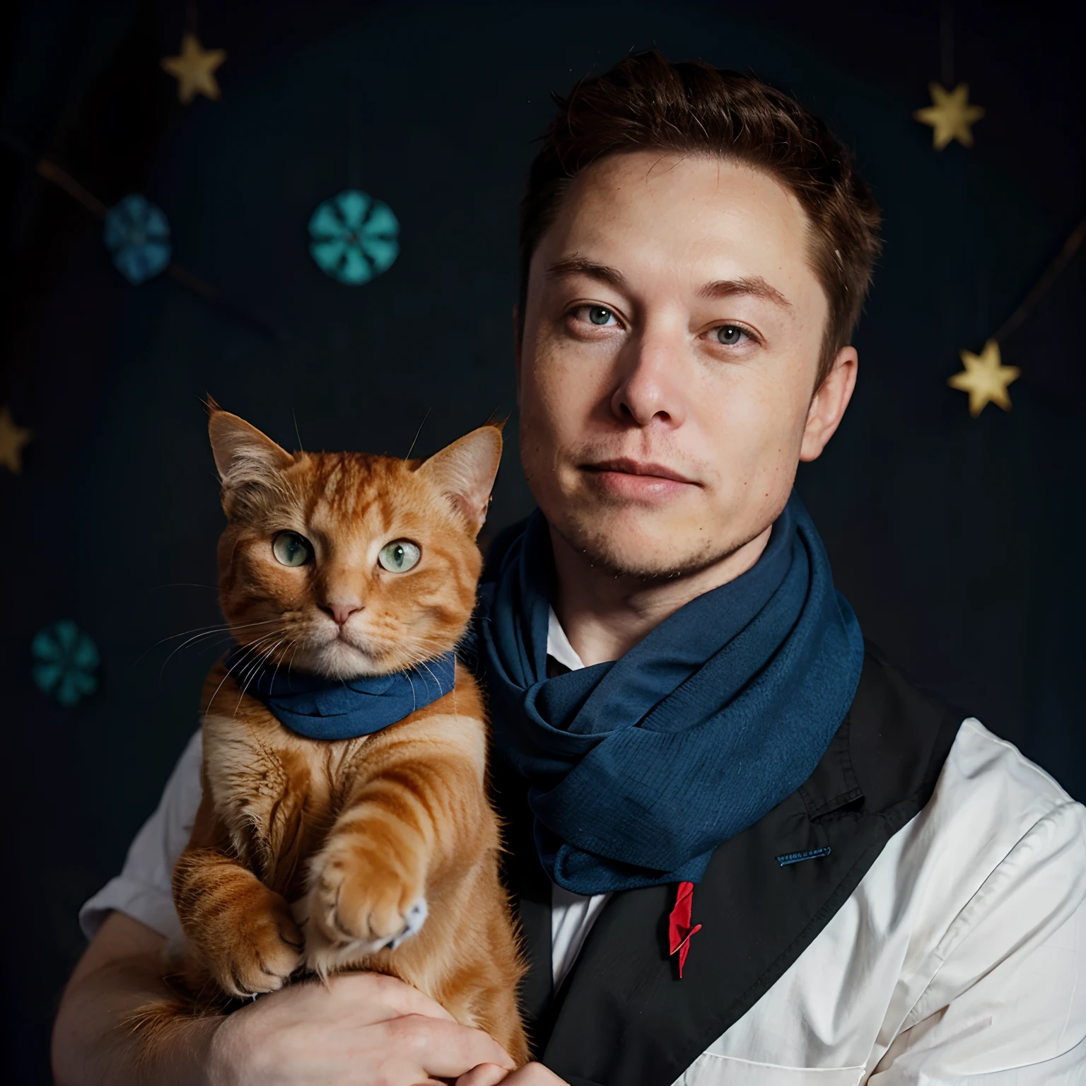 Elon musk with a Ginger cat, the Ginger cat Is wearing a blue scarf, blue pinwheel background