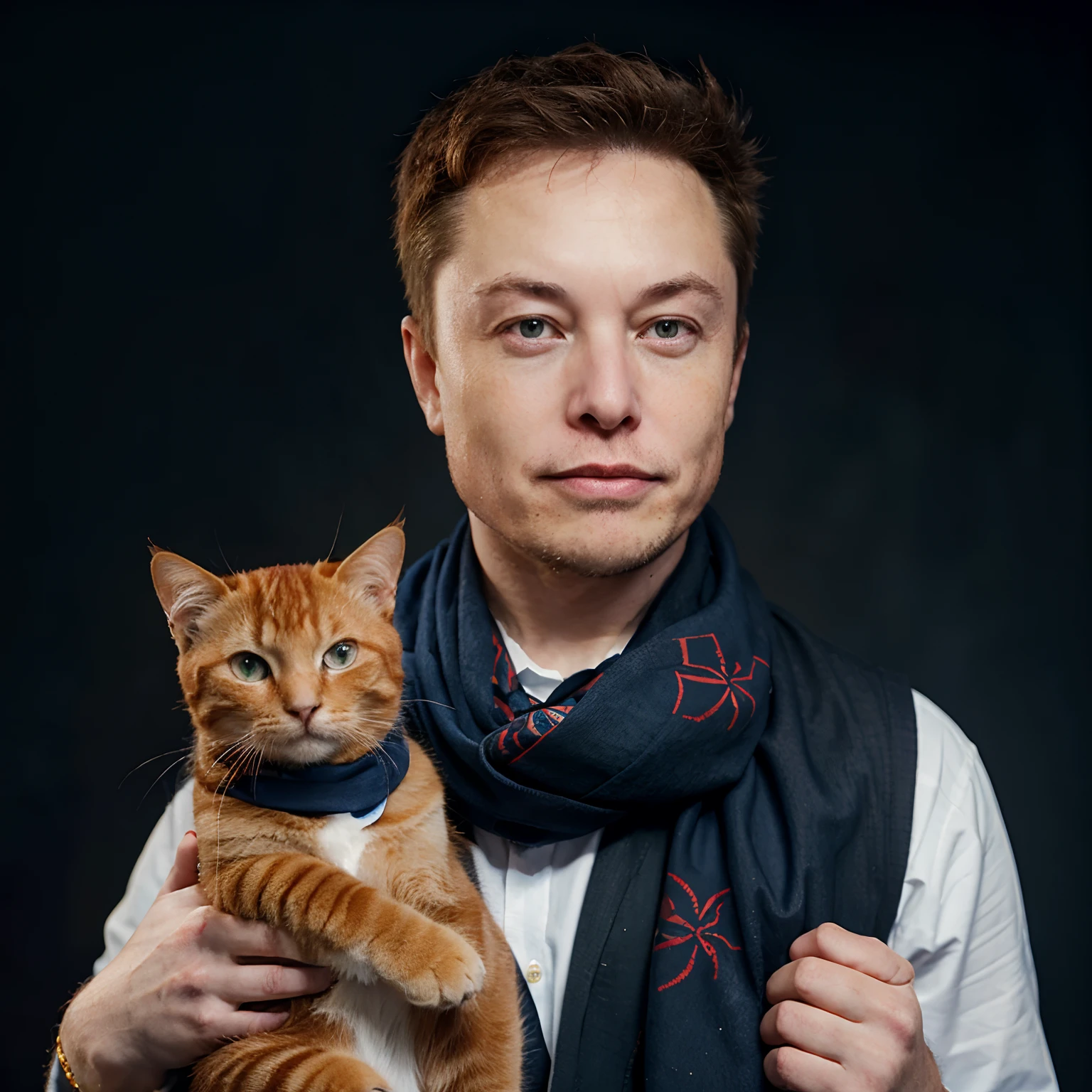 Elon musk with a Ginger cat, the Ginger cat Is wearing a blue scarf, blue pinwheel background