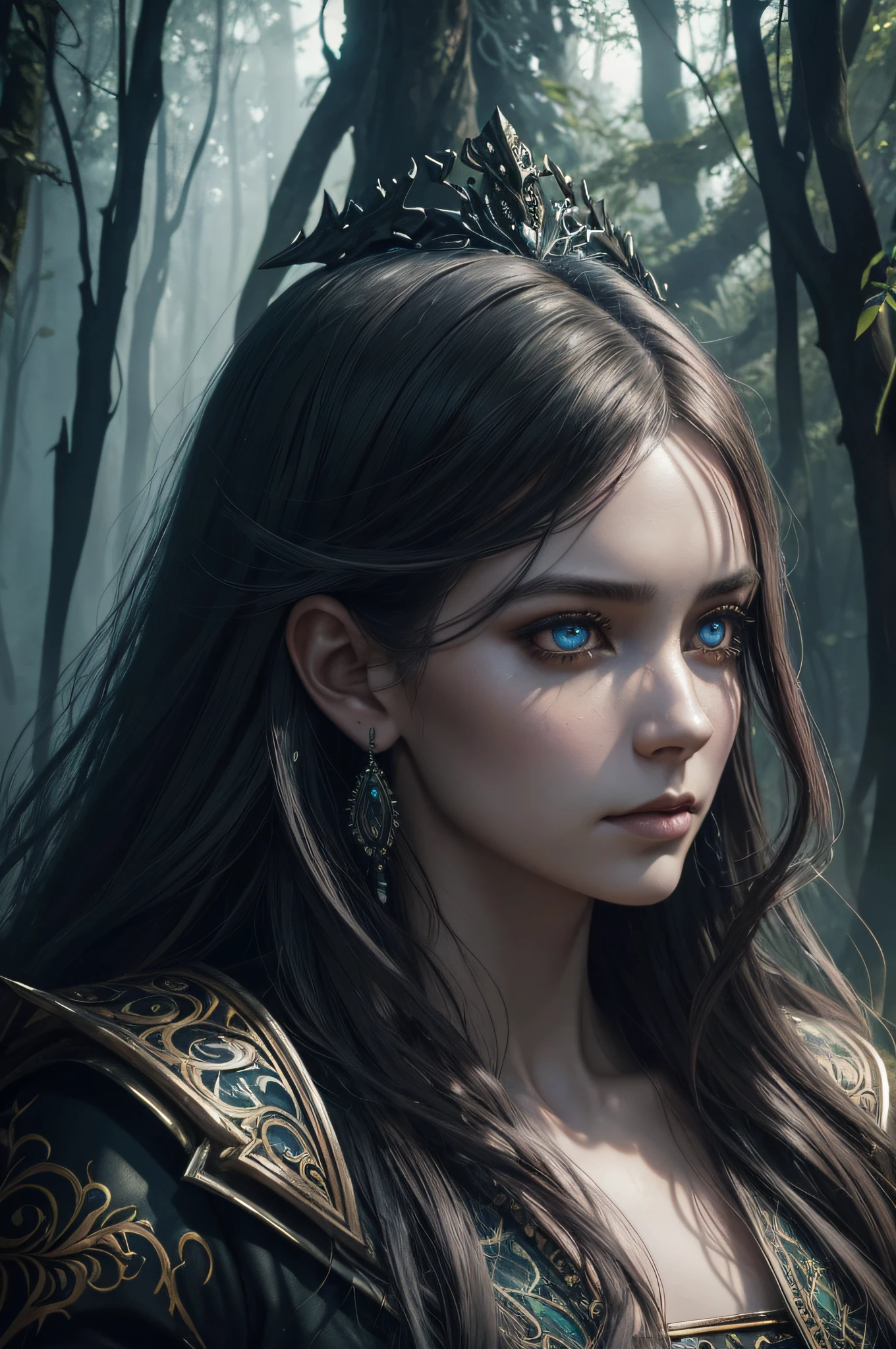 Lady Opal, a young woman, (closed mouth), waist high portrait, ((hyperdetailed eyes)), forest in background, concept art by greg rutkowski, Detailed face, hyperdetailed intricately detailed gothic art triadic colors, gothic deviantart masterpiece, calligraphy, acrylic, watercolor art, professional photography, natural lighting, complex, elegant, expansive, fantastical, 8k resolution, HW*