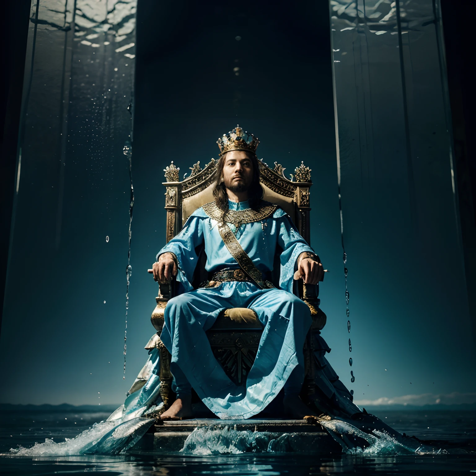 A king sitting on a glass throne with water and fish inside the thrown. A crown made of water and waves in the distance