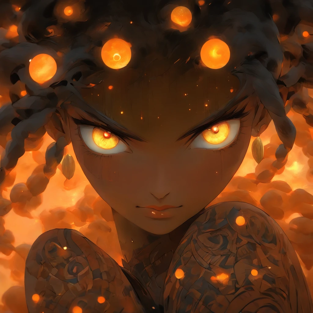 (best qualtiy,ultra - detailed,Most Best Illustration,Best shadow,tmasterpiece,A high resolution,professionalartwork,famousartwork),Detailed eyes,beautidful eyes,closeup cleavage,sci-fy,colored sclera,Orange Eye color, Robot eyes,face markings,Tattooed with,(fractalized,Fractal eyes),largeeyes,Wide eyes,(Eye focus),sface focus,Cosmic eyes,Space eyes,Close-up of metal sculpture of a woman with a moon in her hair,goddes。extremly high detail,3 d goddess portrait,Extremely detailed footage of the goddess,a stunning portrait of a goddess,Side image of the goddess,portrait of a beautiful goddess,Full body close-up portrait of the goddess,hecate goddess,portrait of a norse moon goddess,goddess of space and time,