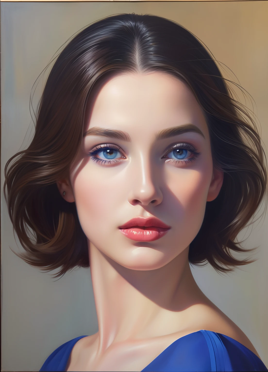 1fille,  portrait, oil painting, moderne, Realistic proportions, lush lips, yeux bleus, Beaux cheveux marron , beau visage, symmetrical face, eyes symmetrical, pose dynamique, complexe, Intricate details, mise au point nette
