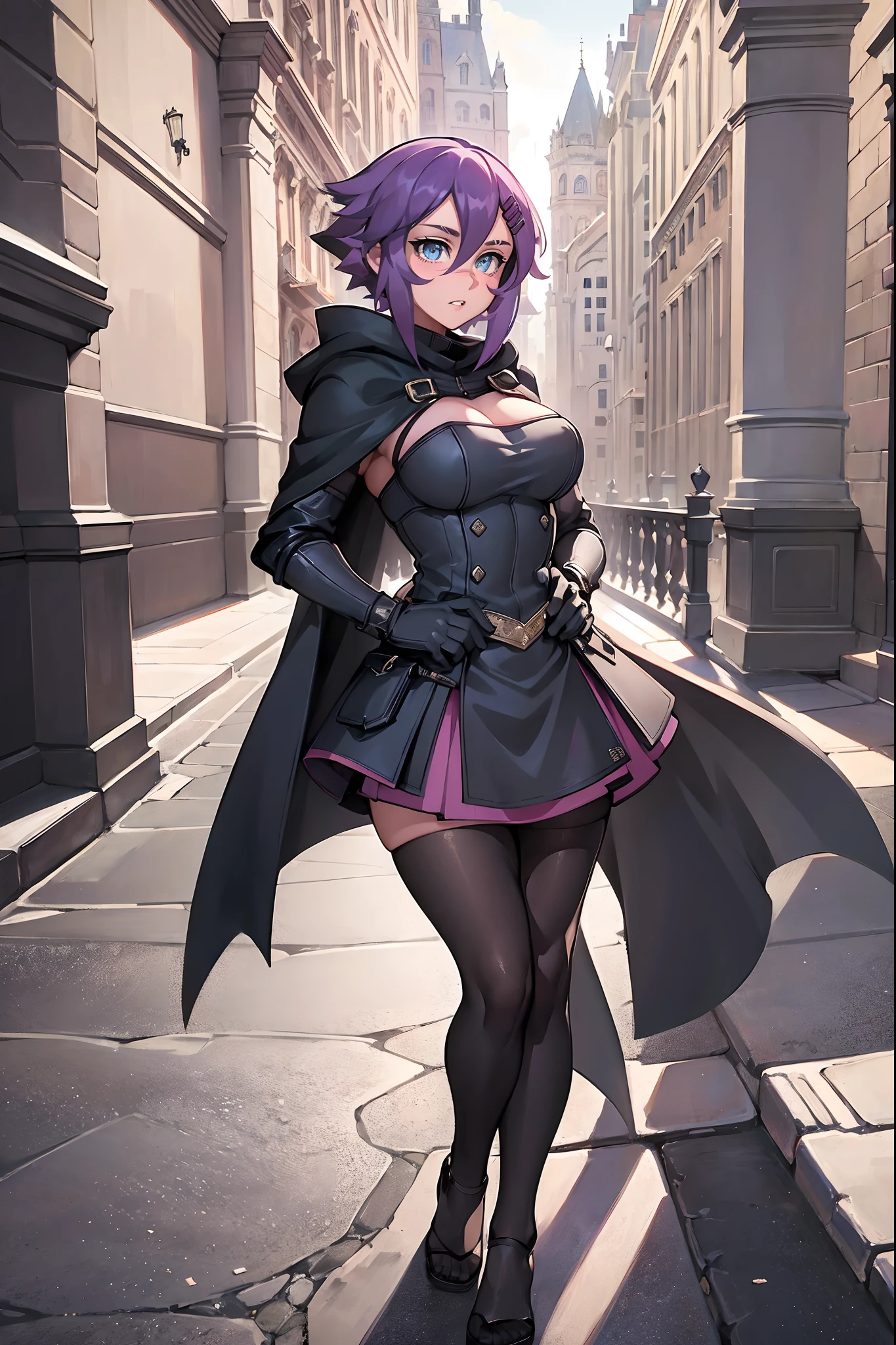 (masterpiece, best quality), outdoors,medieval, european cityscape in 1400, alley, night, 1girl, solo, MayaRoadi3Manityro, scar on nose, hairclip, short hair,, large breasts, muscular, covered abs, , blush, parted lips, , elbow gloves, grey gloves, bare shoulders, hands on hips, leaning on rail, no humans, full body boots,,cloak, fantastic medieval architecture ,skirt, pantyhose,flipflops,, large skirt, covered breast,mediem breast , Surrealism, drop shadow, anaglyph, stereogram, tachi-e, pov, atmospheric perspective, 8k, super detail, ccurate, best quality, high quality, best quality, super detail, high details, award winning, highres, 1080P, HD, 4K, 8k, 16k, UHD, retina, masterpiece, ccurate, textured skin, pants, coat, t-shirt,