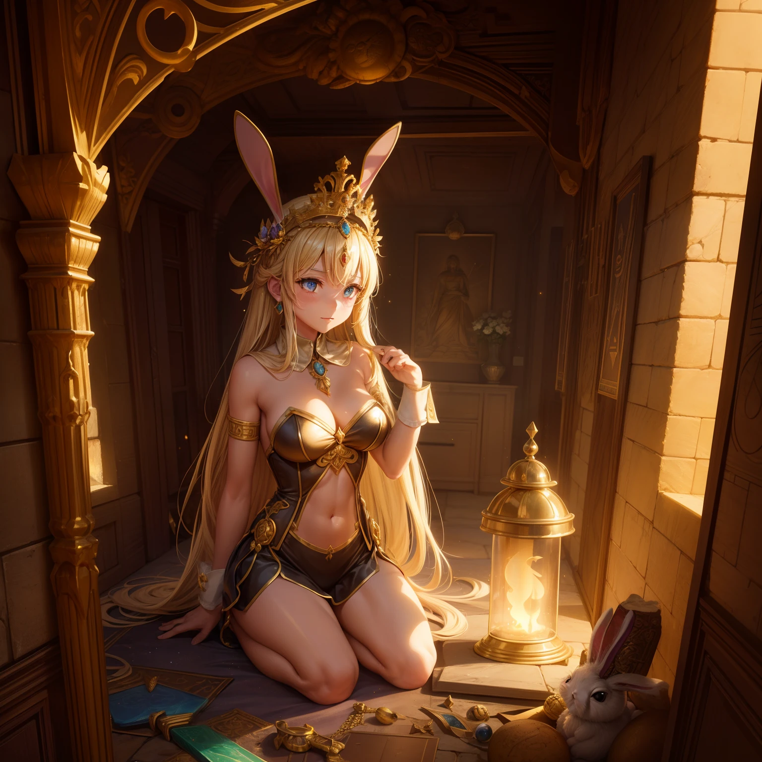 (Best quality,A high resolution,Masterpiece:1.2),Ultra-detailed,Realistic,Physically-based rendering,professional,Vivid colors,Bokeh,(Adventurer Bunny:1.4),glowing lanterns,Antique treasures,tumulus,mystical ambiance,secret passages,gold coins,Hidden traps,magical aura,Enchanted amulet,Archaeological expeditions,Explorer's hat,mythological creatures,old parchment,Map of ancient ruins,Sparkling gemstones,elaborate carvings,Golden idol,glinting sword,Bejeweled Crown,Ominous Shadows,Glittering,Dusty relics,Sponge chamber,Crumbling statue,Whispering in the dark,Moonlit Night,hauntingly beautiful,Engaging artwork,lost civilizations,Dangerous expeditions,Mythological artifacts,Forbidden knowledge,Detailed illustration,Hidden secret rooms,Aventureiros corajosos,Unfinished findings,Uncovering Secrets,Dusty corridors,Ancient hieroglyphs,echoing footsteps