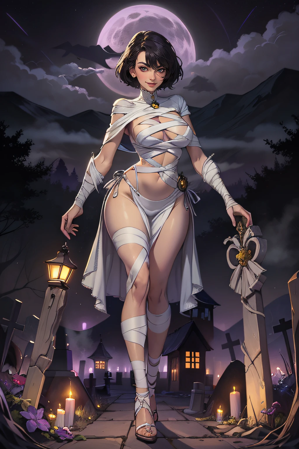 (masterpiece), (full body), best quality, expressive eyes, perfect face, (Mummy girl), grey skin, covered in white bandages, mummy costume, short black hair, side-swept bangs, yellow eyes, perky breasts, stern eyes, mischievous smile, foggy, spooky grave yard, (purple night sky), (nighttime:1.3)