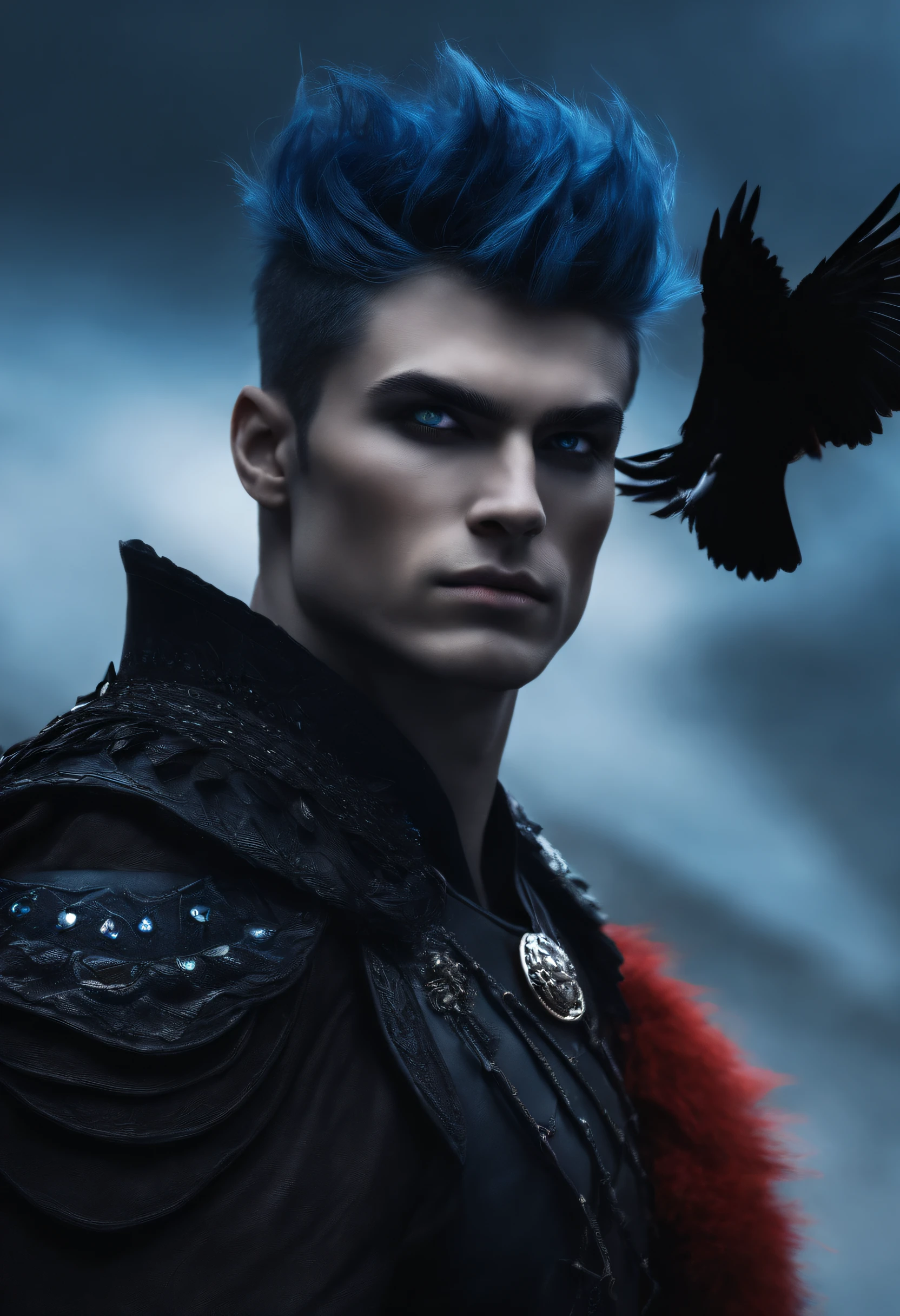 male, fantasy, black eye, blue pupil, raven style, spiky hair, athletic