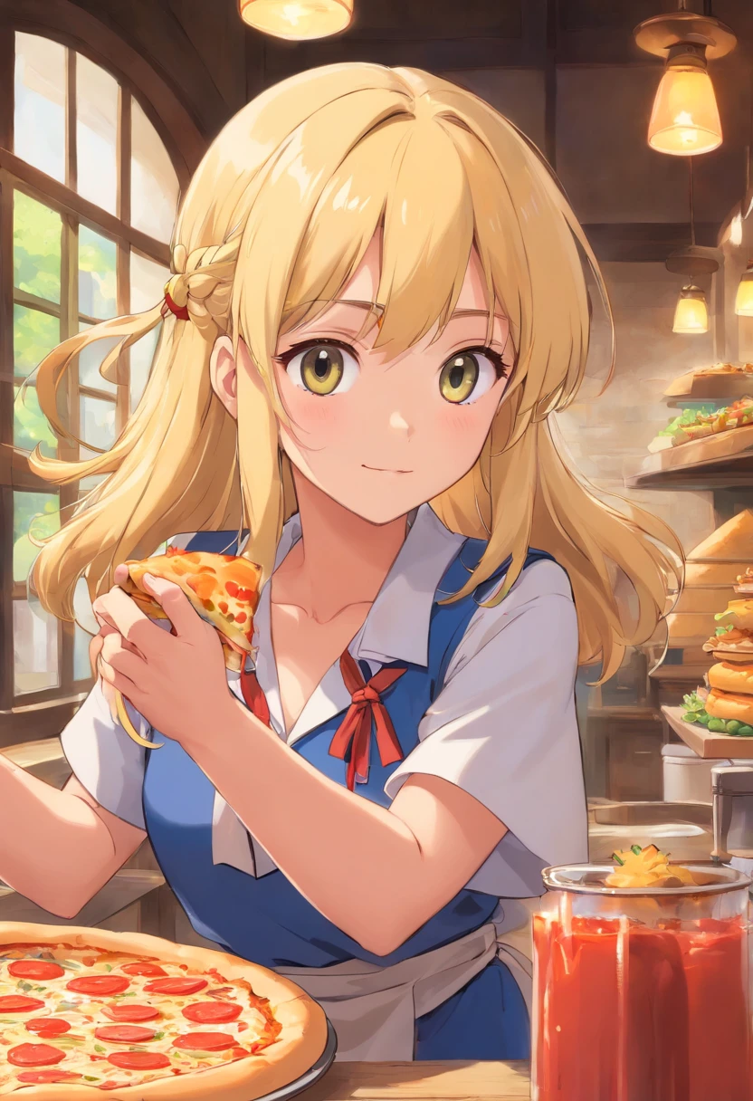 Top quality, best picture quality, best masterpiece, best accuracy, animated picture quality, Russian girl with elbows on table and cheekbones, smiling, cute blonde semi-long straight forehead out.