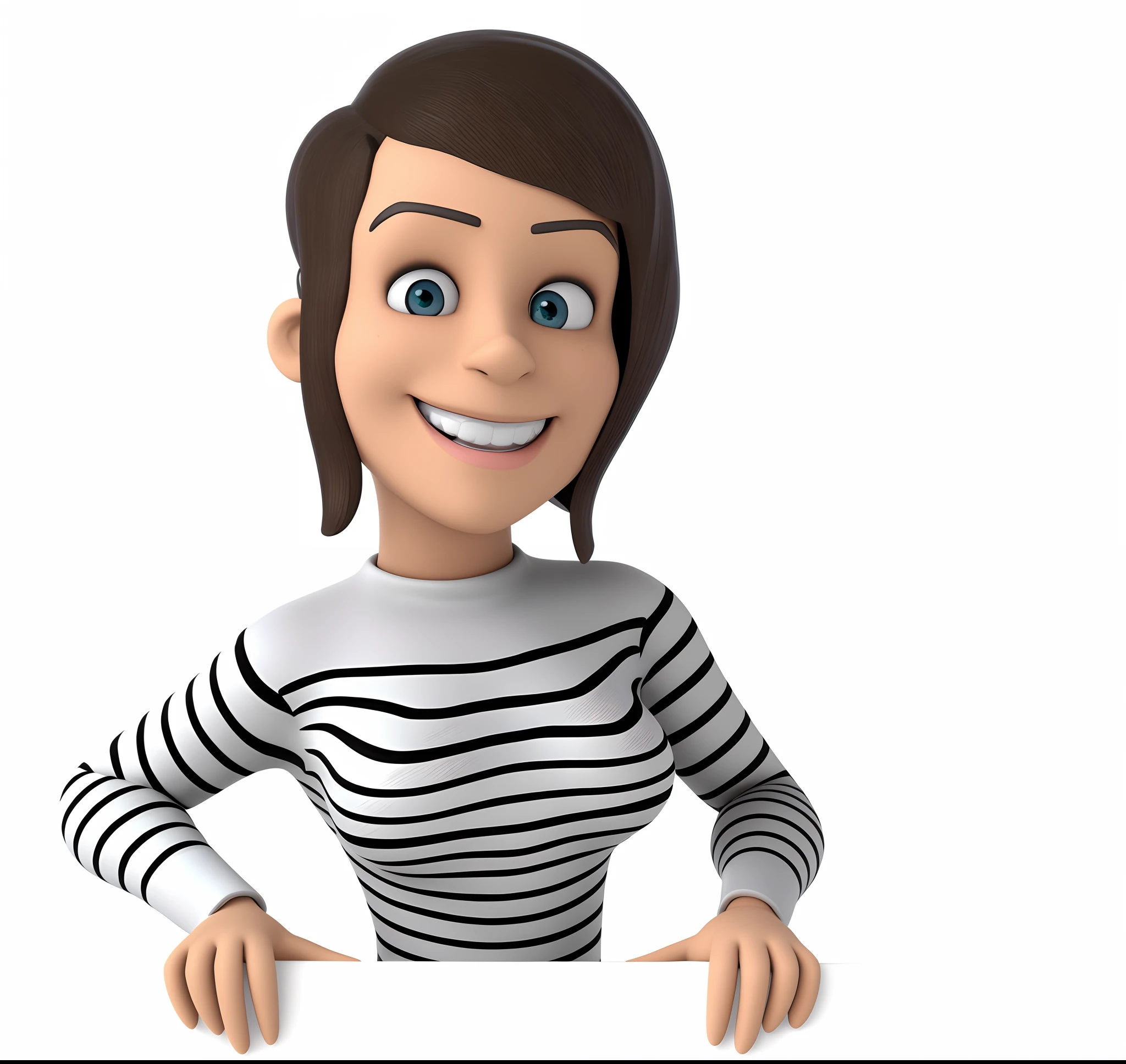 mulher em uma camisa listrada segurando um sinal em branco, render de uma menina anime 3d bonito, personagem de desenho animado, Personagem 3D, Personagem 3D, 3 d desenho animado, Described as a 3D rendering, toon rendering, animation character, character is in her natural pose, personagem feminina, altamente renderizado, Personagem altamente detalhado, animation, cartoon illustration, 3 d animado