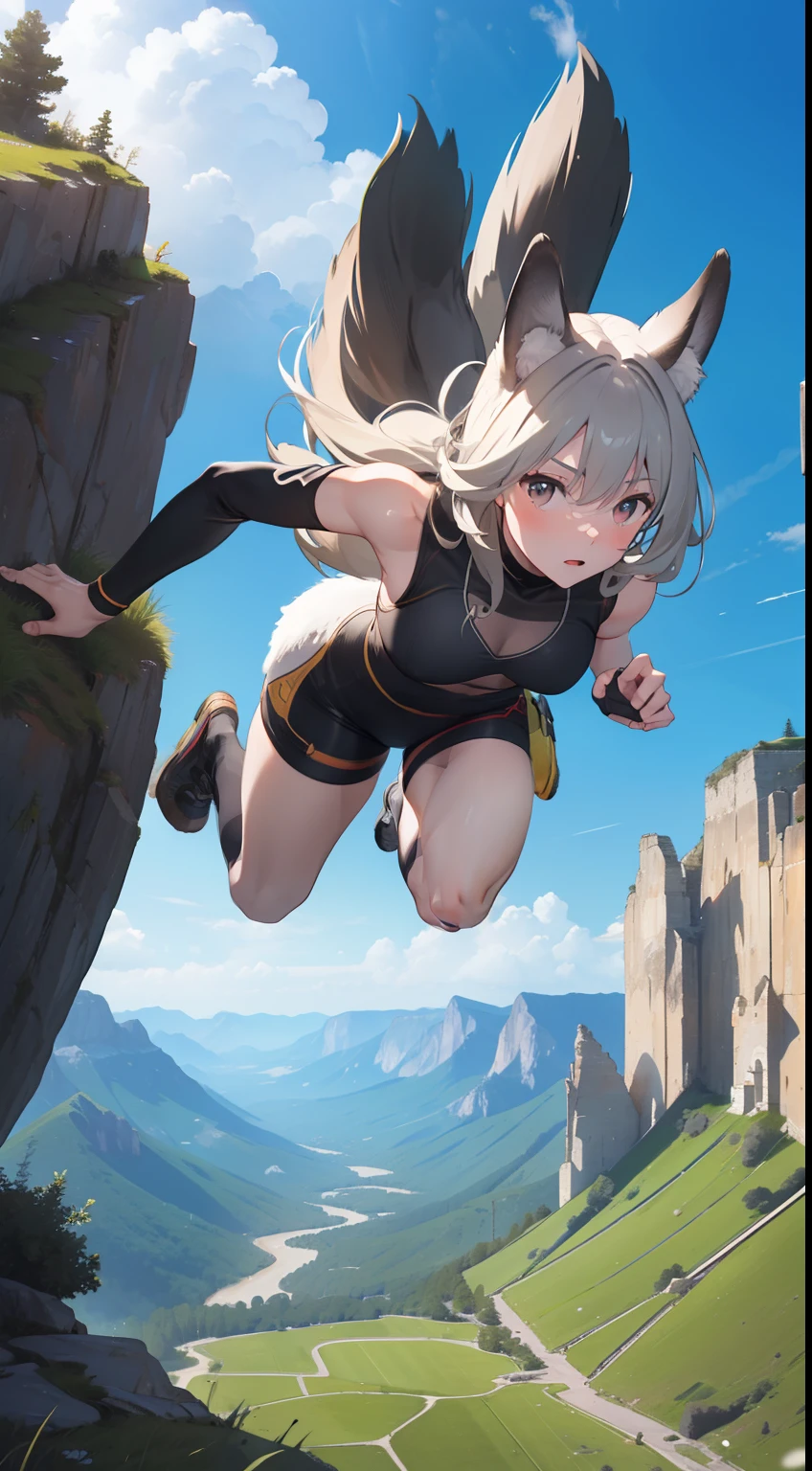 (best quality,4k,8k,highres,masterpiece:1.2),ultra-detailed,realistic:1.37,brave climbing rabbit,personification,illustration,rocky mountain,expansive view,natural environment,vibrant colors,adventurous spirit,majestic landscape,rugged terrain,lush vegetation,exquisite attention to detail,playful expression,intricate fur texture,fluffy tail,intense focus,athletic physique,confident posture,dynamic movement,majestic mid-air leap,steely determination,scenic beauty,artistic rendering,impressive depth,prominent shadows,indirect soft lighting,subtle gradient,serene atmosphere,adrenaline rush