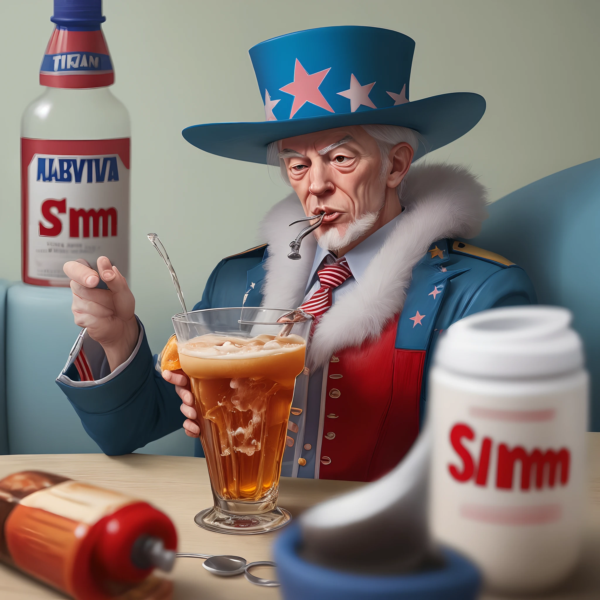 A wizened old British gentleman (cartoon character colonel braghard), sitting at a table in a smokers lounge. he is chatting to the 1920s dressed waitress