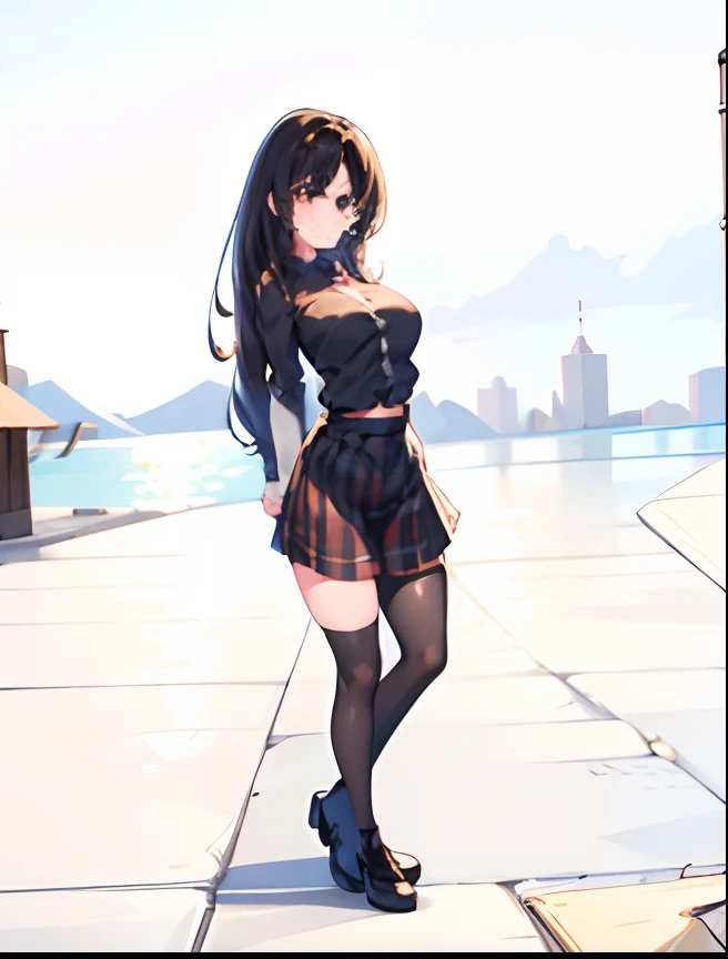 1chica, hermosa, cabello negro, ojos rojos, camisa negra, Mini Checkered Skirt, Pose showing her butt back, Tempting expression