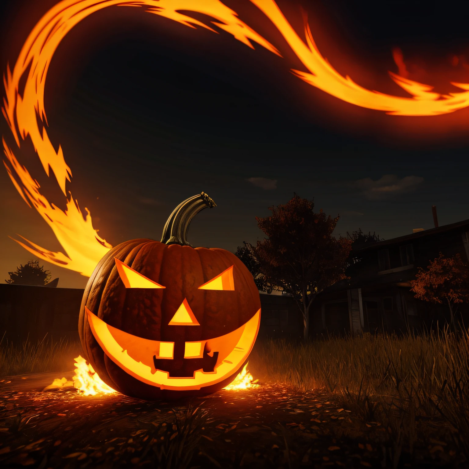 Burning Pumpkin, Smiling, gloomy halloween background, Art in GTA style