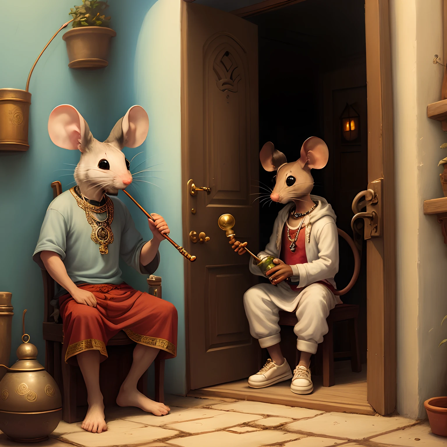 A mouse doing hookah with a poor man next to a door