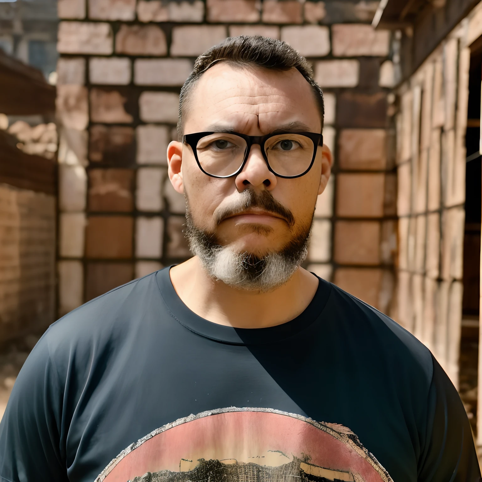 guttojugg1, Portrait photo of a muscular bearded guy with glasses in a black t-shirt, featuring light bokeh, intricate details, a rock guitar print on the shirt, with a torn edge, creating an elegant and sharp focus. The photo is credited to Greg Rutkowski and utilizes soft lighting with vibrant colors, making it a masterpiece. The background resembles a post-apocalyptic desert, focusing on the face with a detailed view at 1.2x zoom.