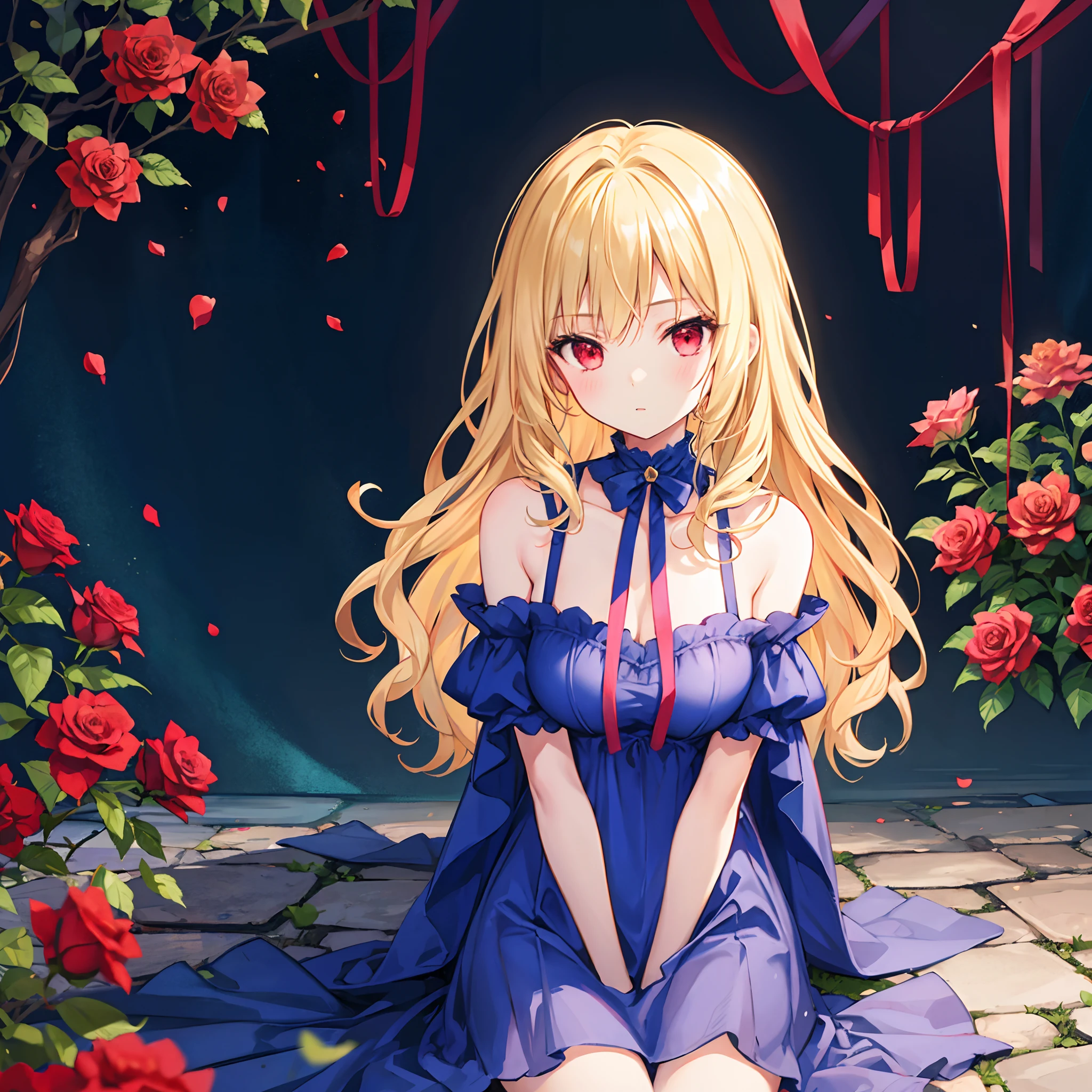 Girl with wavy blonde hair and red eyes、Sitting surrounded by roses、Blue sexy clothes