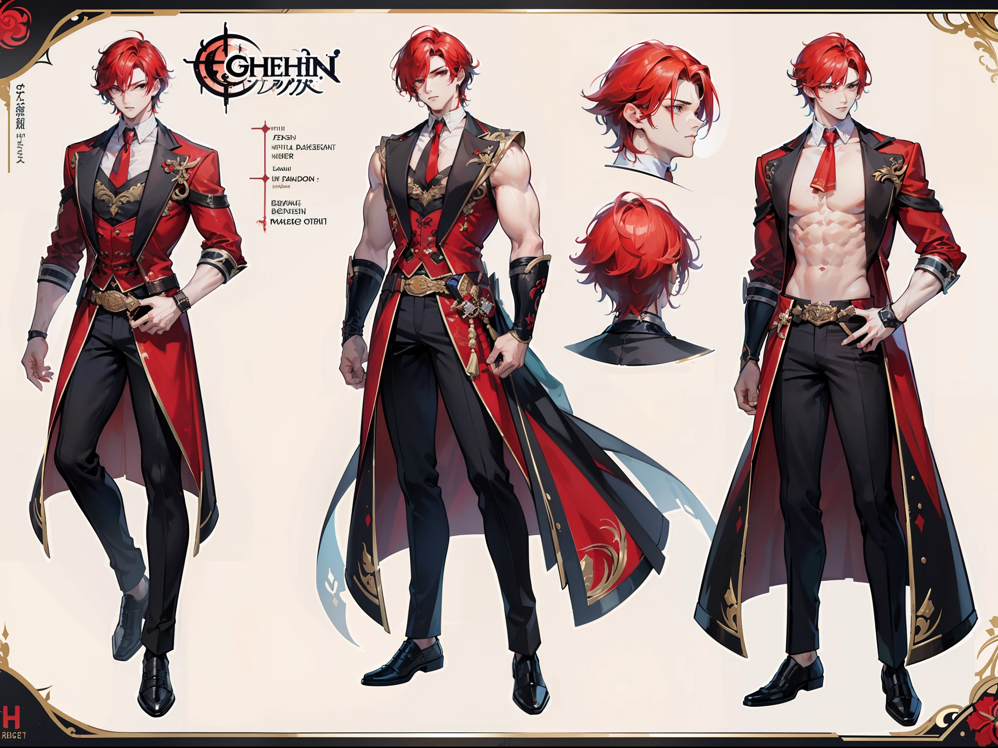 ((Masterpiece, Highest quality)), Male, boy, Detailed face, character design sheet,full body esbian, Full of details, frontal body view, back body view, Highly detailed, Depth, Many parts, Muscle boy with red hair,handsome man, vampire outfit clothes, Genshin Impact, man tall, pectoral muscles, abs