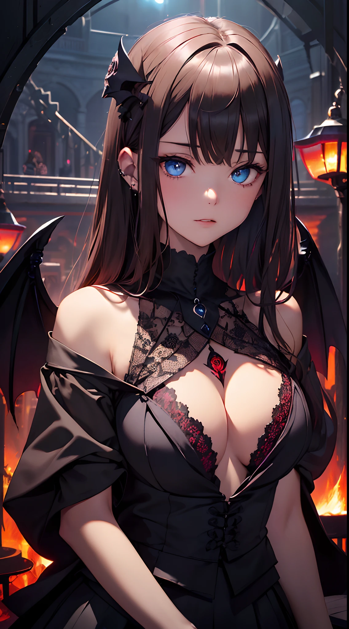 top-quality、Top image quality、masterpiece、girl with((18year old、Dark clothing、Dark bra、Dark skirt、 Best Bust、Bust 90、Blonde Shorthair、Blue eyes、open chest wide、Valley、Happiness、A slender、Provocative behavior、Evil face、Handcuffed、High laughter、Skull Tattoo、Tattoo of roses、Targeting your audience、Tighten blue rose hair、Aura of Darkness,Dark Forces,blue flames、Chain Accessories、Black wings、Black manicure、Black whip、Wearing the Vibration of Darkness))hiquality、Beautiful Art、Background with((prison、Dark impression、nightcity,Red sky、Many bats、many chains、the magma、Bright red earth))、masutepiece、Elaborate design、visualart、dark art