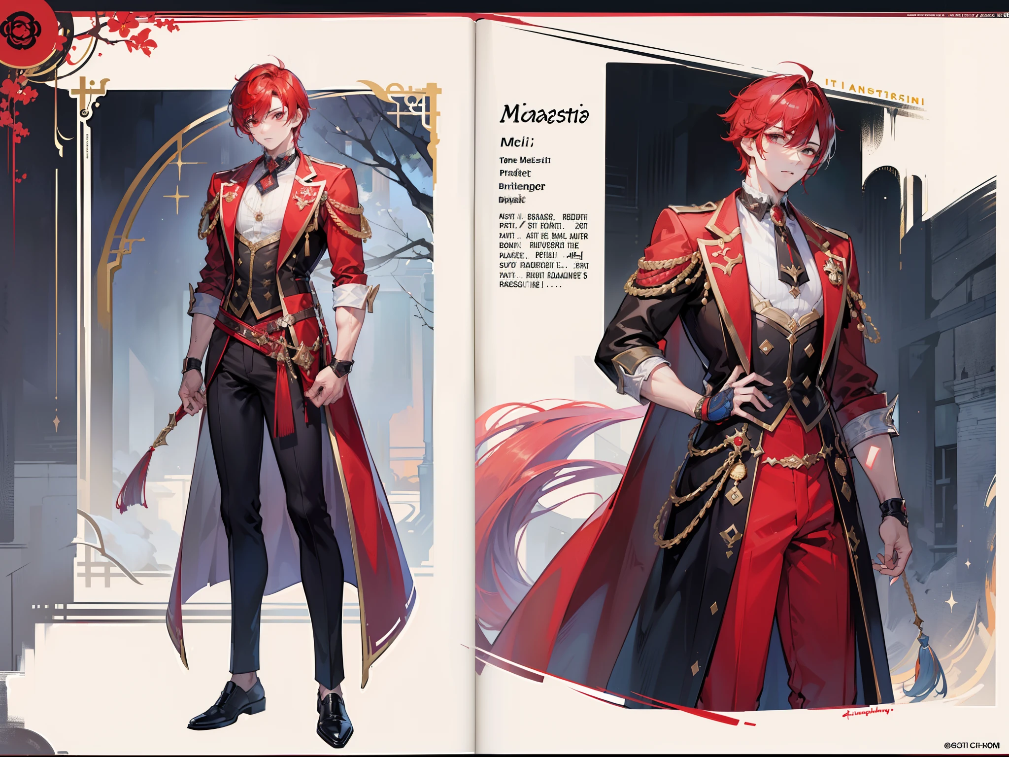 ((Masterpiece, Highest quality)), Male, boy, Detailed face, character design sheet, full bodyesbian, Full of details, frontal body view, back body view, Highly detailed, Depth, Many parts, Muscle boy with red hair,handsome man, vampire outfit clothes, Genshin Impact, man tall