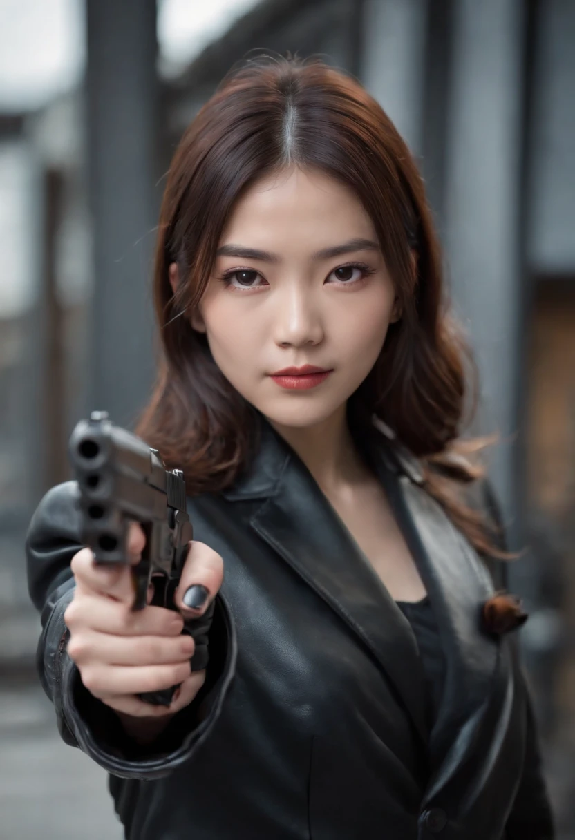 A Japanese girl in a black suit holding a gun with both hands in black leather gloves