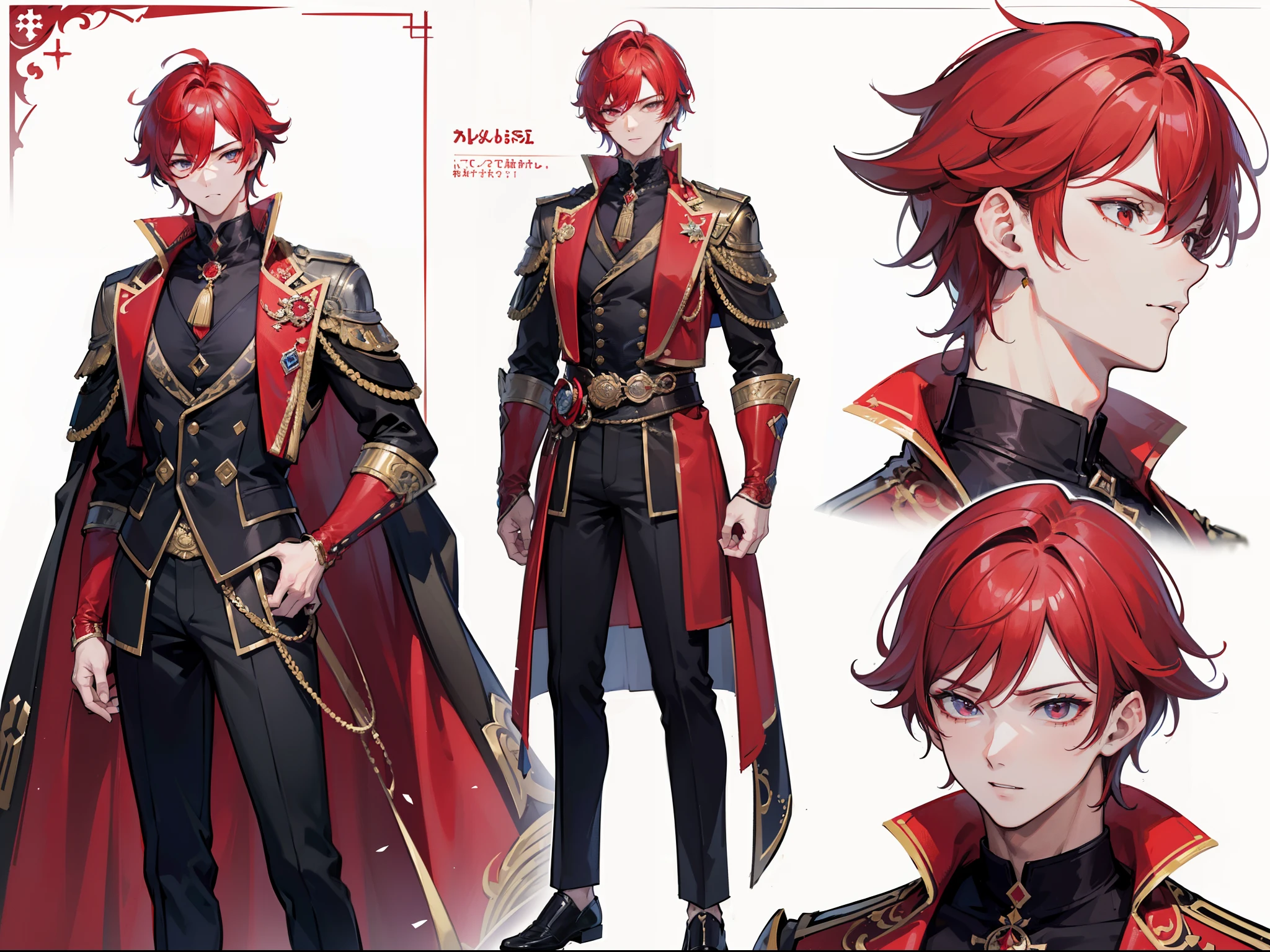 ((Masterpiece, Highest quality)), Male, boy, Detailed face, character design sheet， full bodyesbian, Full of details, frontal body view, back body view, Highly detailed, Depth, Many parts, Muscle boy with red hair，handsome man, vampire outfit clothes, Genshin Impact, man tall