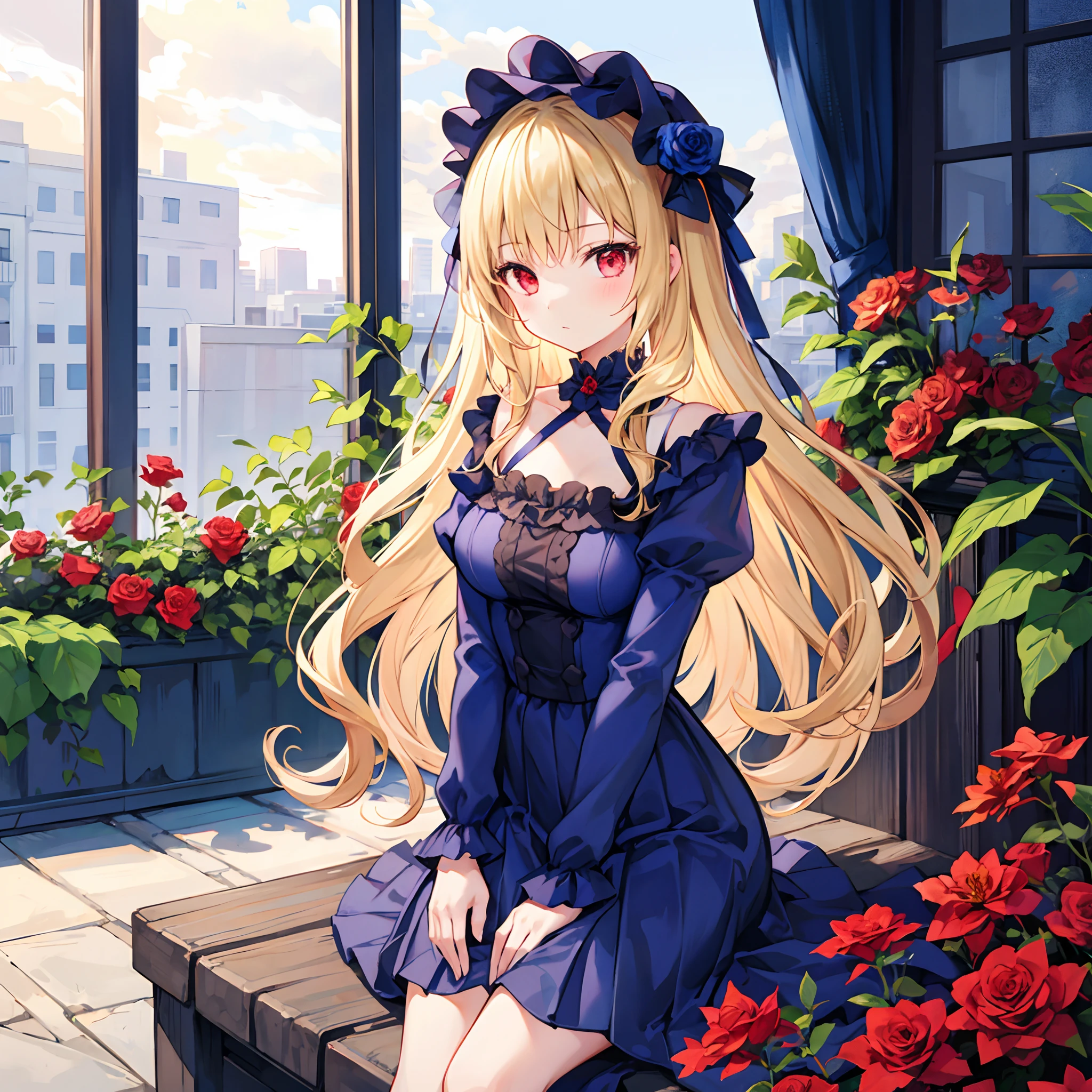 Girl with wavy blonde hair and red eyes、Sitting surrounded by roses、Blue sexy clothes