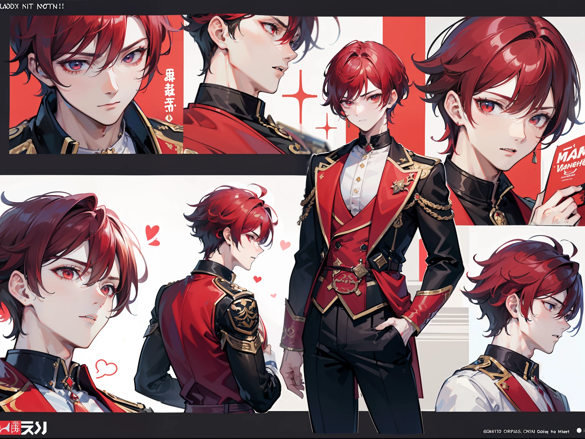 ((Masterpiece, Highest quality)), Male, boy, Detailed face, character design sheet， full bodyesbian, Full of details, frontal body view, back body view, Highly detailed, Depth, Many parts, Muscle boy with red hair，handsome man, vampire outfit clothes, Genshin Impact, man tall