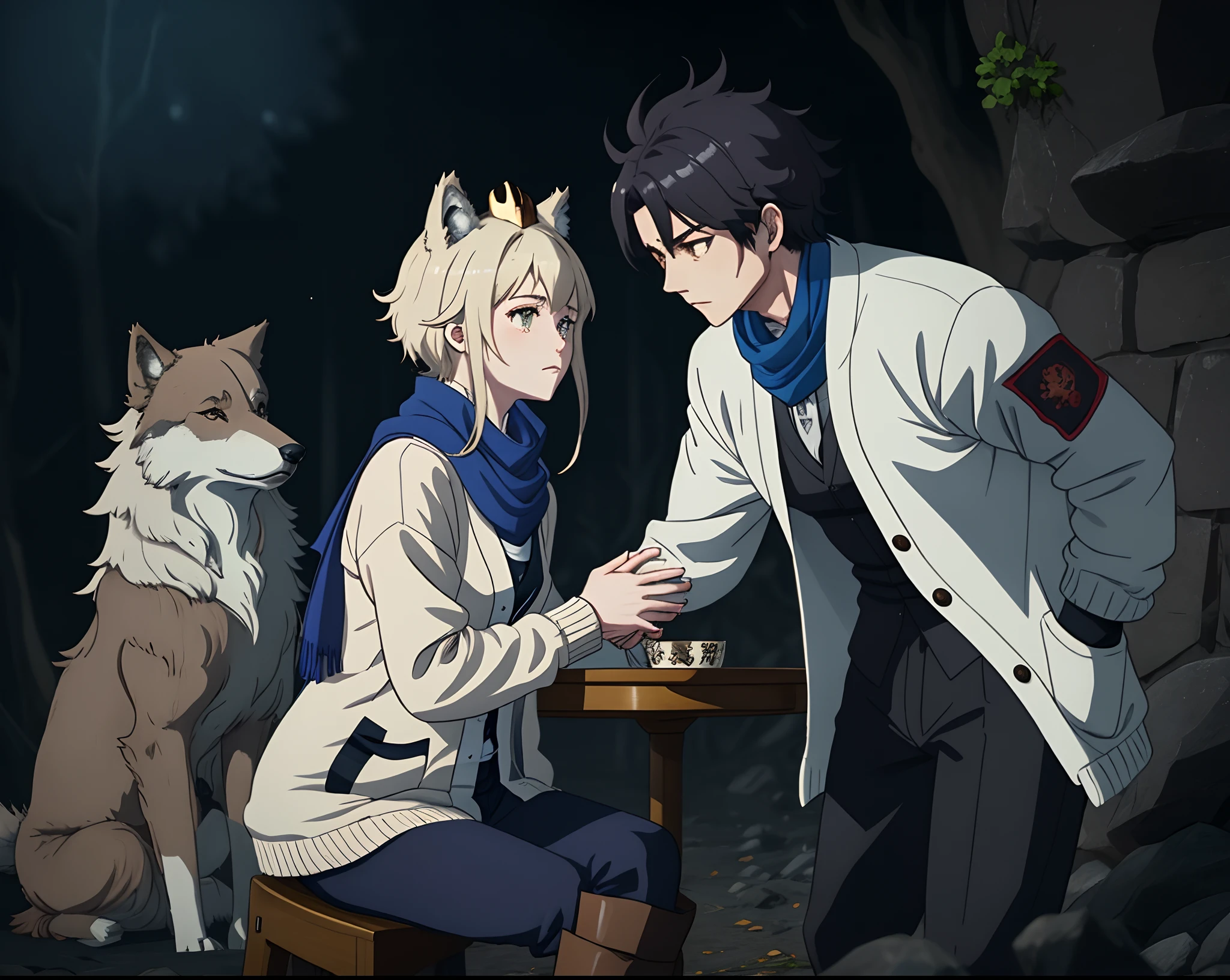A somber scene where there is one person sitting in a fetal position in the midst of darkness, wearing a blue scarf, white cardigan, black pants, and blue boots with wolf ears on his head and a wolf tail behind him. Standing next to the person is another man who looks like albedo from genshin impact, and they're reaching out a hand for the sitting person to take. Set in an anime style