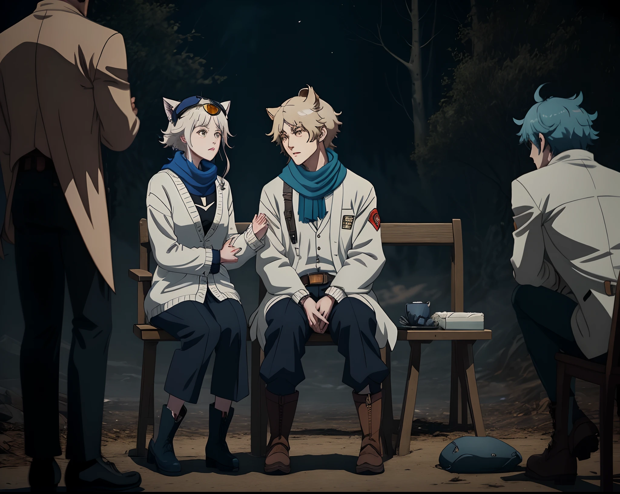 A somber scene where there is one person sitting in a fetal position in the midst of darkness, wearing a blue scarf, white cardigan, black pants, and blue boots with wolf ears on his head and a wolf tail behind him. Standing next to the person is another man who looks like albedo from genshin impact, and they're reaching out a hand for the sitting person to take. Set in an anime style
