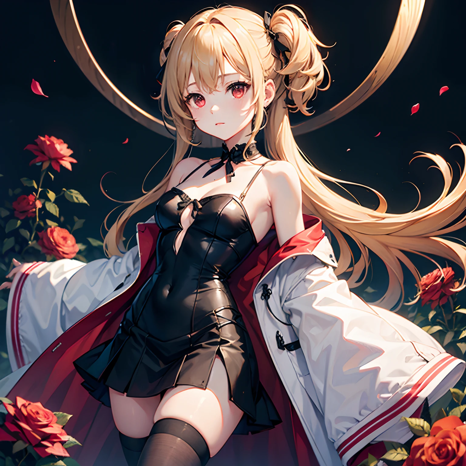 Wavy blonde girl、poneyTail、red eyes、off shoulders、a miniskirt、Surrounded by roses、Black tights