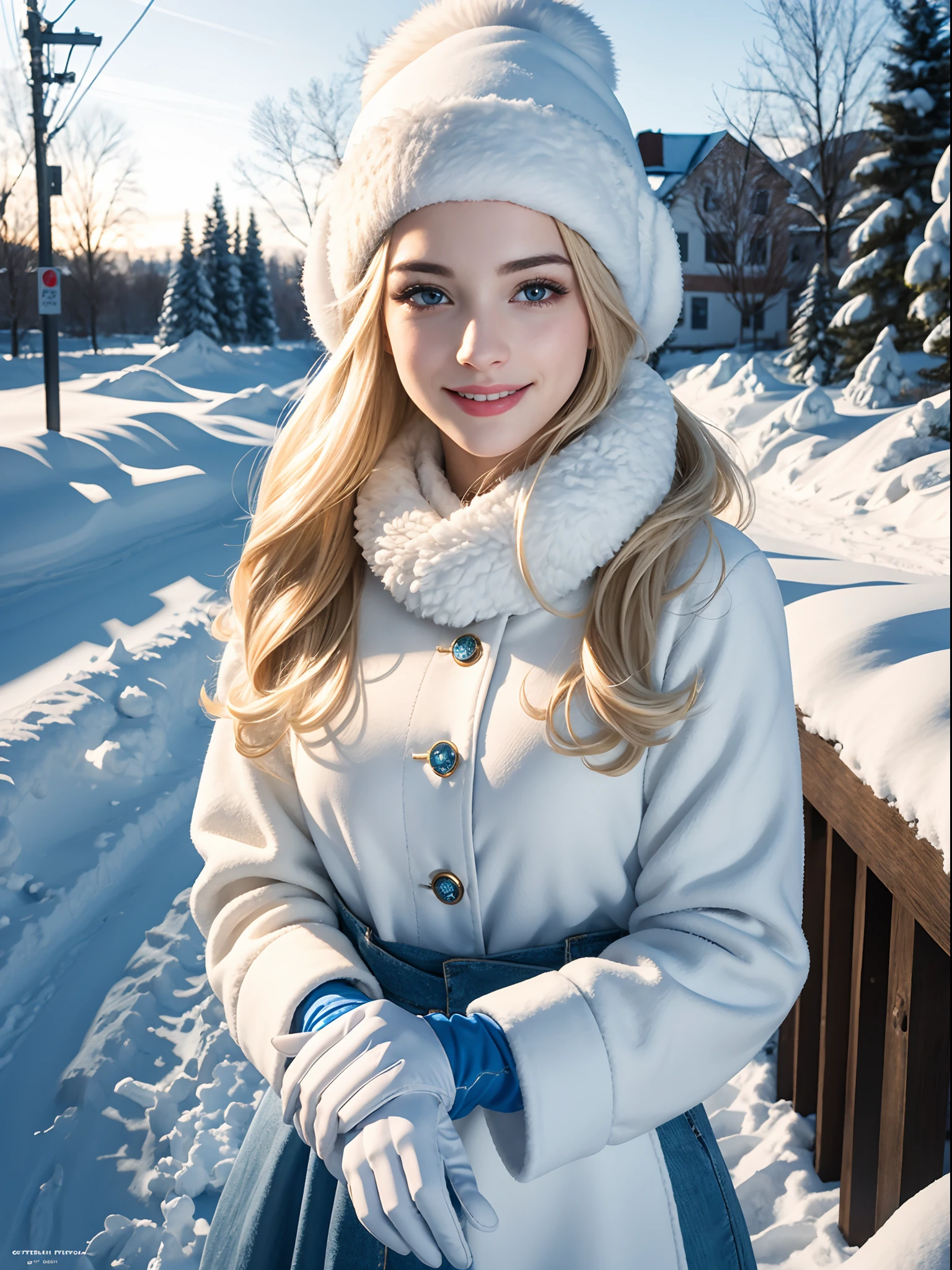 FRW, Very detailed CG Unity 8k wallpaper, ((( Anne Hathaway:Selena Gomez:0.7))) as a cute 27-year-old cute blonde Polish woman, a beautiful girl, a wonderful goddess, hot maiden, blue eyes, pale skin (a masterpiece, beautiful person, well detailed face polluted smile, photorealistic, hyperrealistic), white cold clothes, fuzzy white cap, white blouse, wearing white gloves, rubbing hands warming up in a snowy street (blue open sky),  and smiling (light lighting).