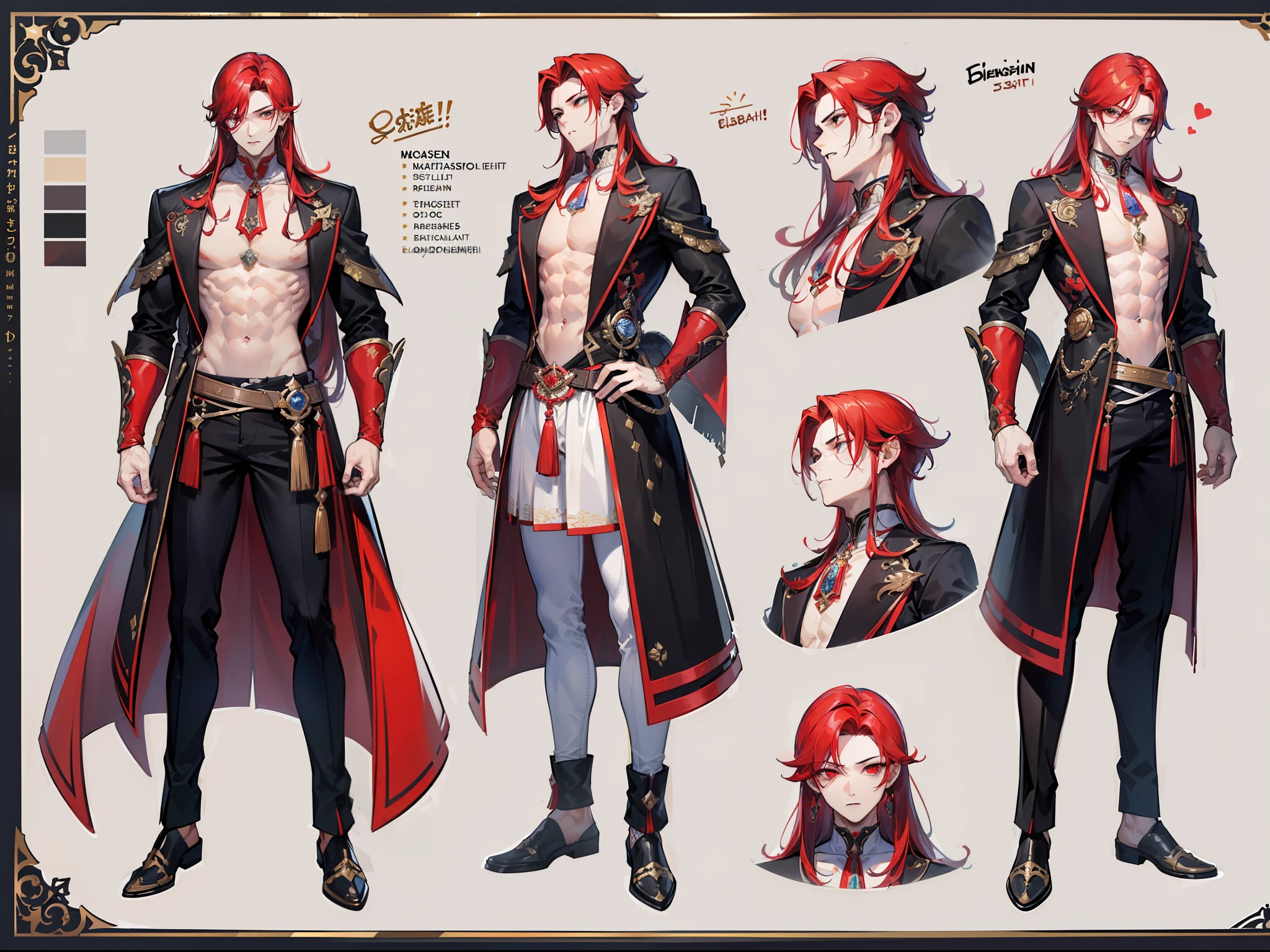 ((Masterpiece, Highest quality)), Male, boy, Detailed face, character design sheet,full body esbian, Full of details, frontal body view, back body view, Highly detailed, Depth, Many parts, Muscle boy with long red hair,handsome man, vampire outfit clothes, Genshin Impact, man tall, pectoral muscles, abs