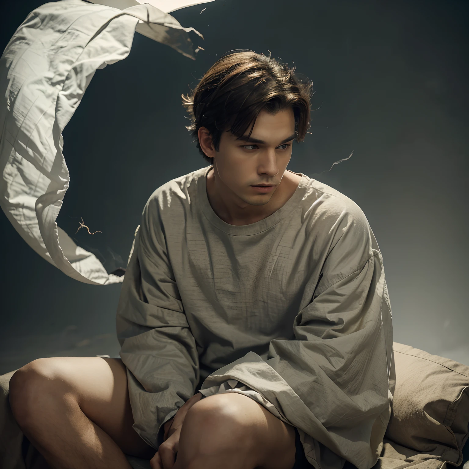 Guy with a crown floating above his head with a wind animation moving around it. Wearing loose clothes that have long sleeves that are drifting in the wind. Sitting on a thrown with small tornados around him