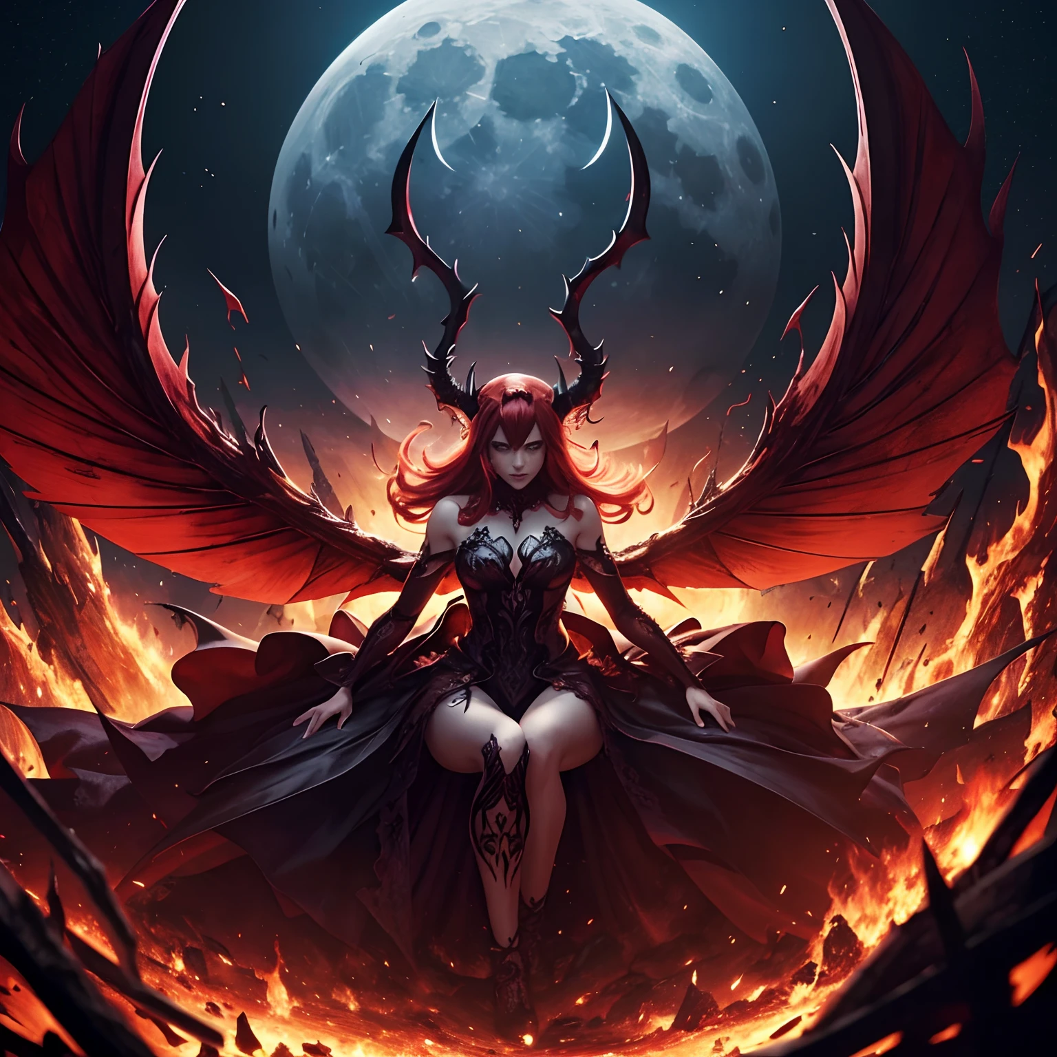 Rihana de cabelos longos vermelhos, ultra detailed as Satan on the Throne of Hell, ela-diabo, Sexy Red Long Demon Wings Dress, demon horn, olhos realistas detalhados, Context of the chaos of hell and destruction, staring directly at camera, Smiling with satisfaction, unhas pretas compridas, Shaded illustration of a high quality cell in hell, Corpo inteiro, dynamic installation, anatomia perfeita, Centrado, liberdade, alma, Approach to perfection, cell-shading, 8k , cinematic dramatic atmosphere, pintura em aquarela, global ilumination, ambiente detalhado e intrincado, art-station, Arte conceitual, smooth and sharp focus, volumeric lighting, Kinematic lighting, Full Moon Night Background Scenery