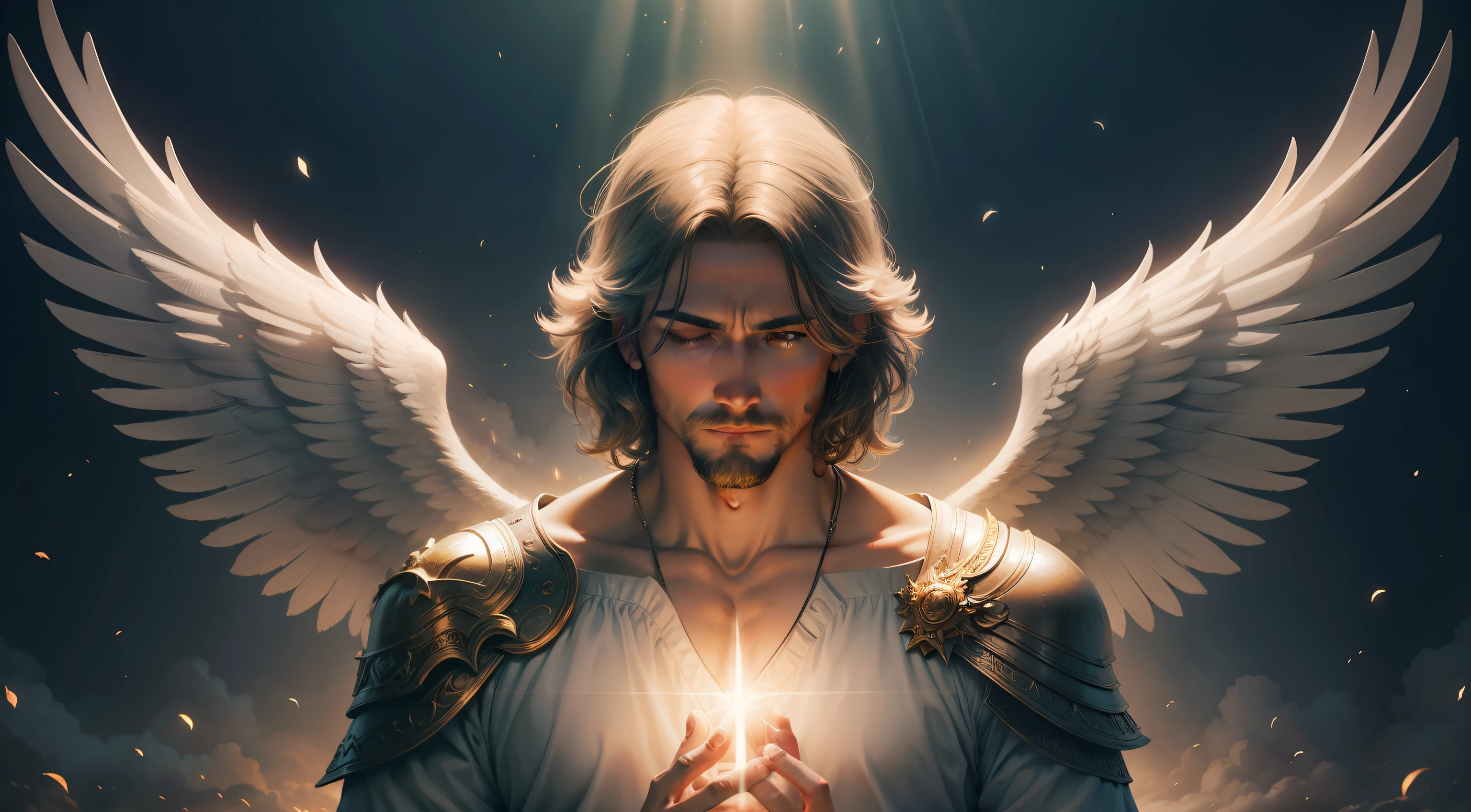 "A heavenly scene with angels man in mystical and impressive style."