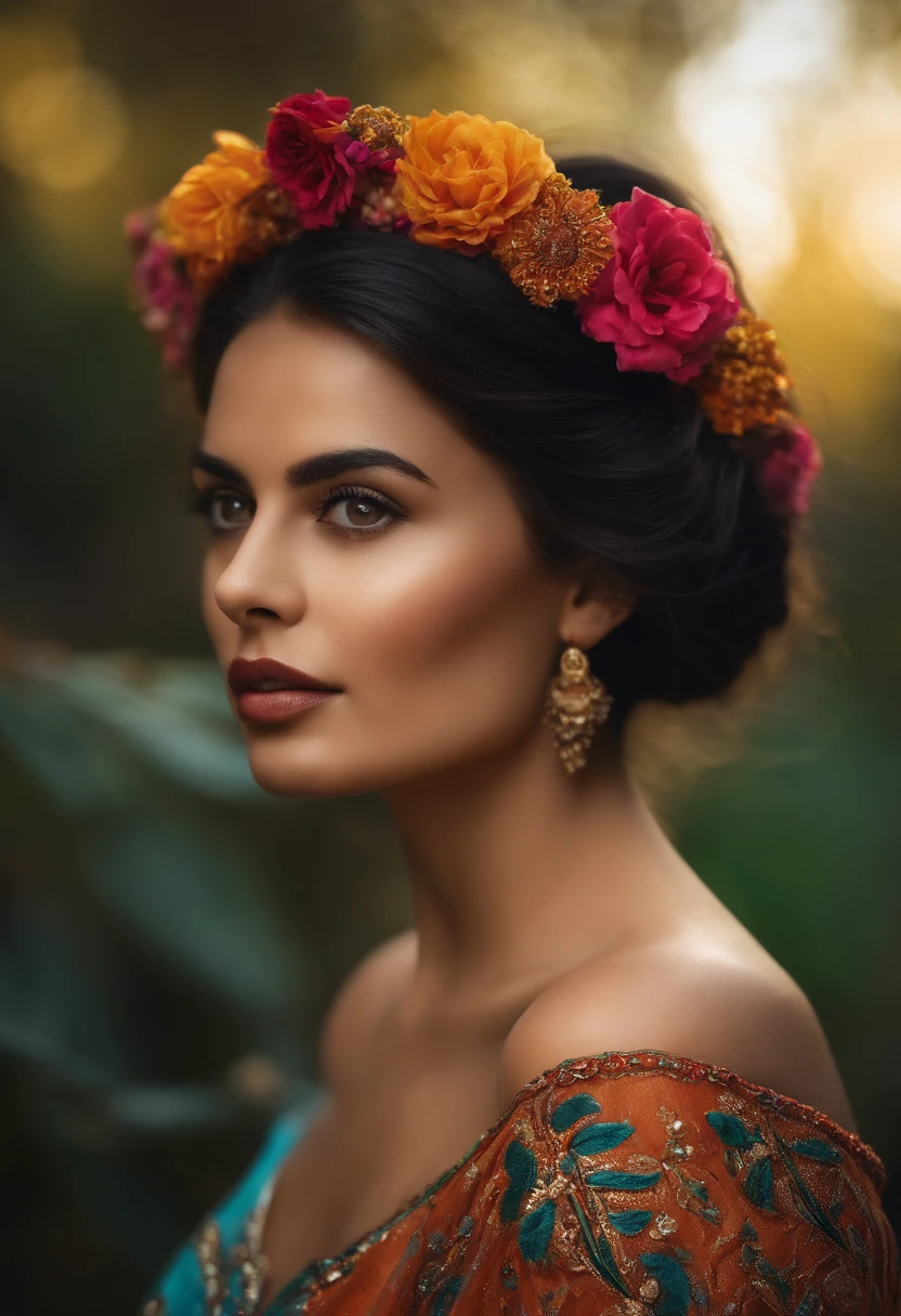 Uma imagem realista de uma mulher linda, morena, olhando uma foto antiga