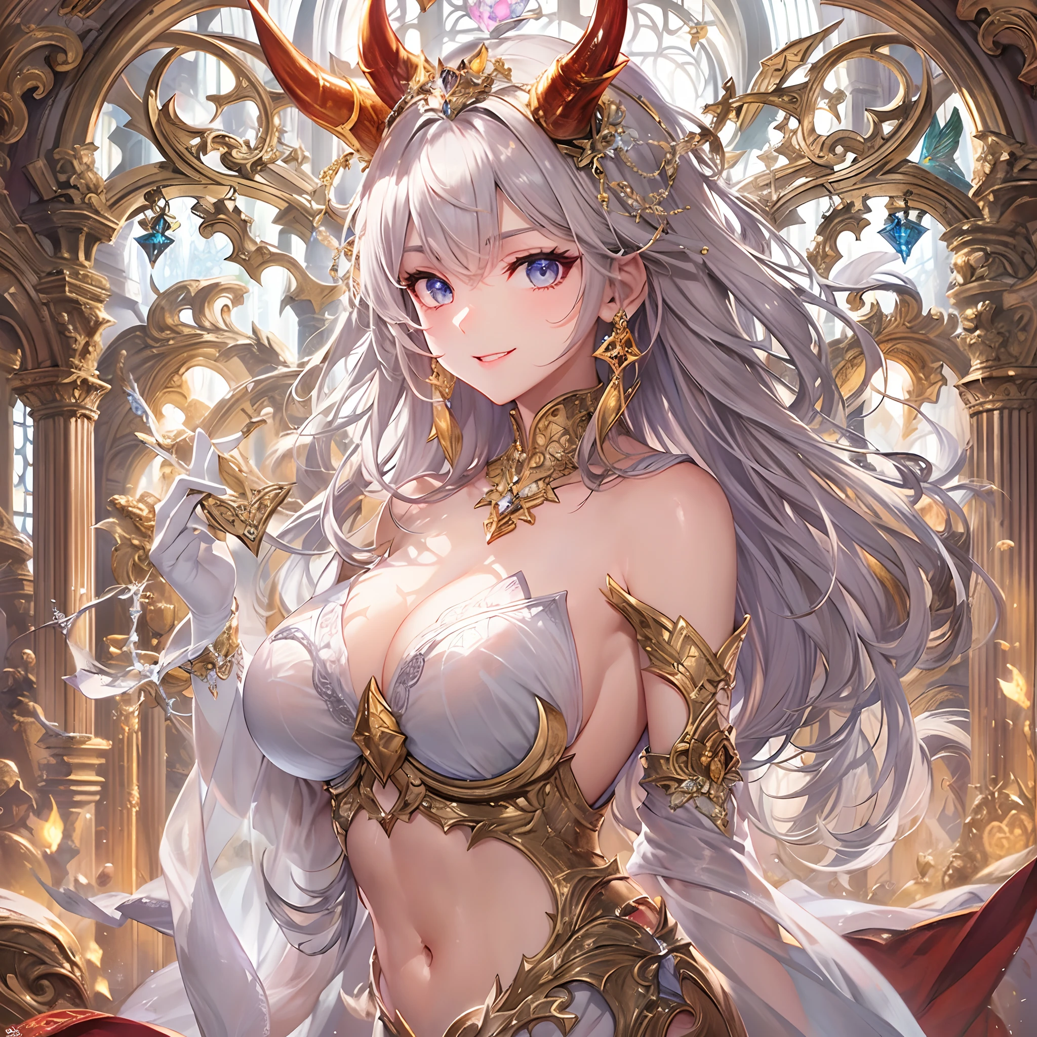 ((Finest quality)),(超A high resolution),(ultra-detailliert),(Meticulous portrayal),((Best Anime)),(Finest works of art),sharpnes,Clair, (Fantasyart:1.5), (One Devil:1.5),greed,arrogant,brutality,Confident々,Glamorous Body,cleavage of the breast:1.3,Invincible smile:1.1, Gold and silver treasures,treasured sword,diadems,Gorgeous,chandeliers