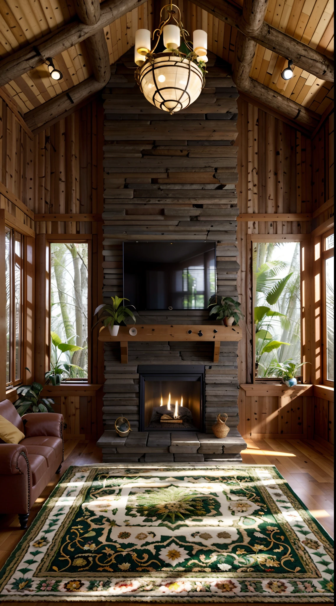 Sala de estar com vista para uma montanha e uma floresta, mountainous jungle setting, jungle setting, Como uma cena de Blade Runner, magical ambiance, pintura escura ultrarrealista, em um ambiente de selva, pleasant environment, floresta nublada, Selva bonita, ambiente mal-humorado, Selva exuberante, Inside an alien jungle, Plantas e selva, montanhas da floresta tropical, ambiente relaxante