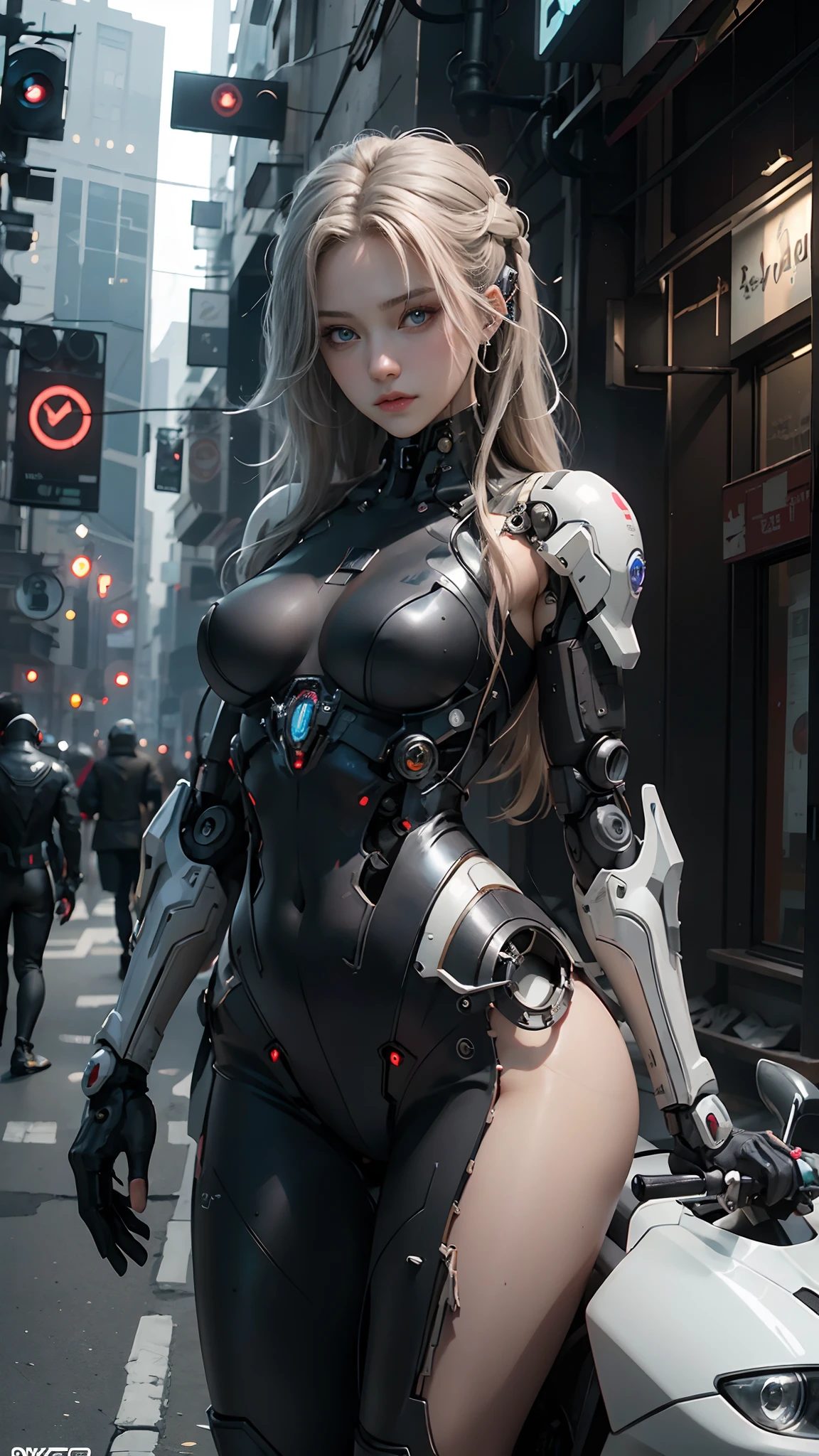 Cyberpunk girl posing on a motorcycle, cute cyborg girl, beutiful white girl cyborg, wlop. scifi, oppai cyberpunk, perfect android girl, beautiful girl cyborg, perfect anime cyborg woman, smooth digital concept art, girl in mecha cyber armor, gynoid cyborg body, cyberpunk anime girl mech, cyborg girl, NSFW