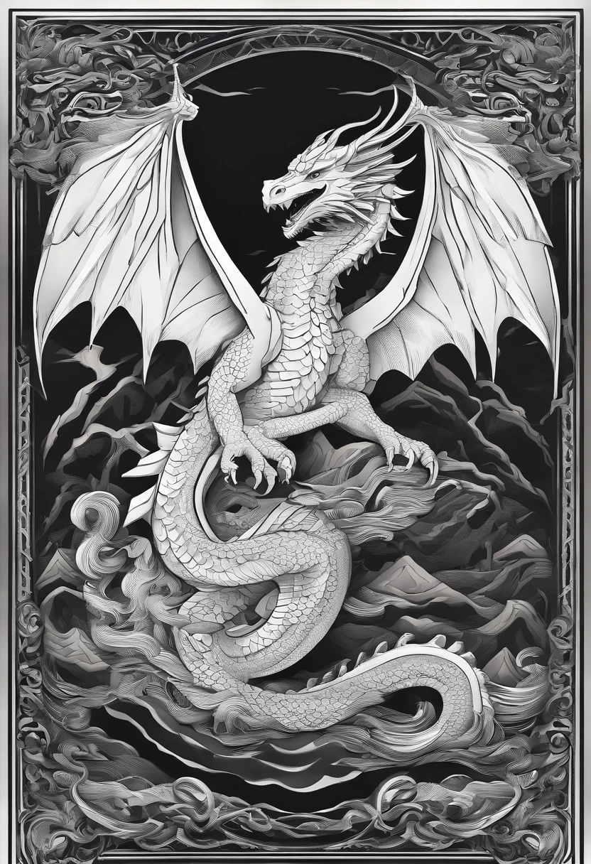 mythology, 3d dragon design for back of playing cards, black and white, shadows