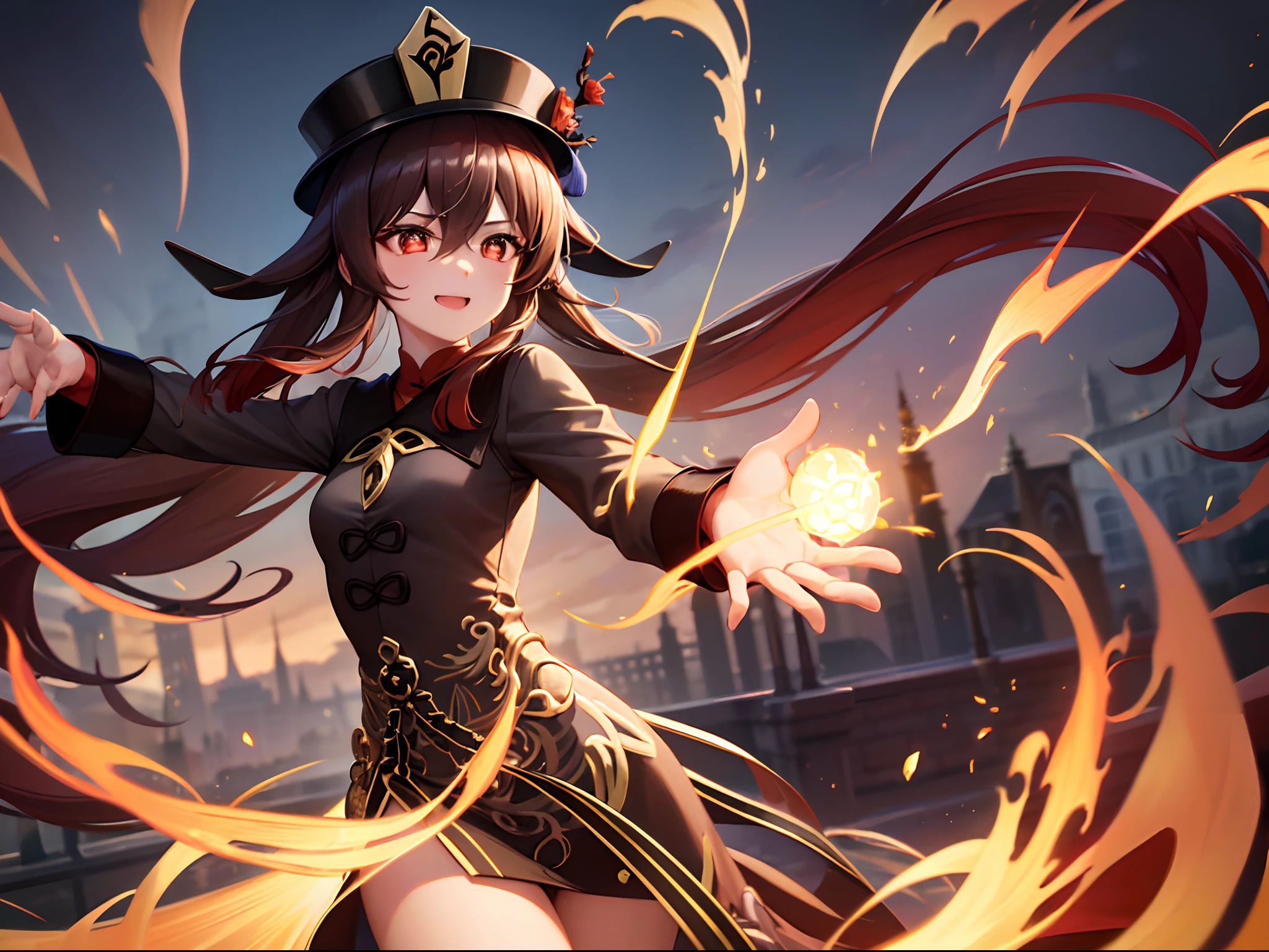 (best quality, highres, masterpiece:1.2), ultra-detailed, realistic:1.37, hu tao, 16 years old teen, splendid eyes, fire background, standing, happy, shy, cute, flowing shiny brown hair, hu tao hat, perfect body, glowing ember, vibrant red dress, joyful expression, playful smile, delicate features, expressive eyebrows, enchanting gaze, flickering flames, dynamic pose, warm lighting