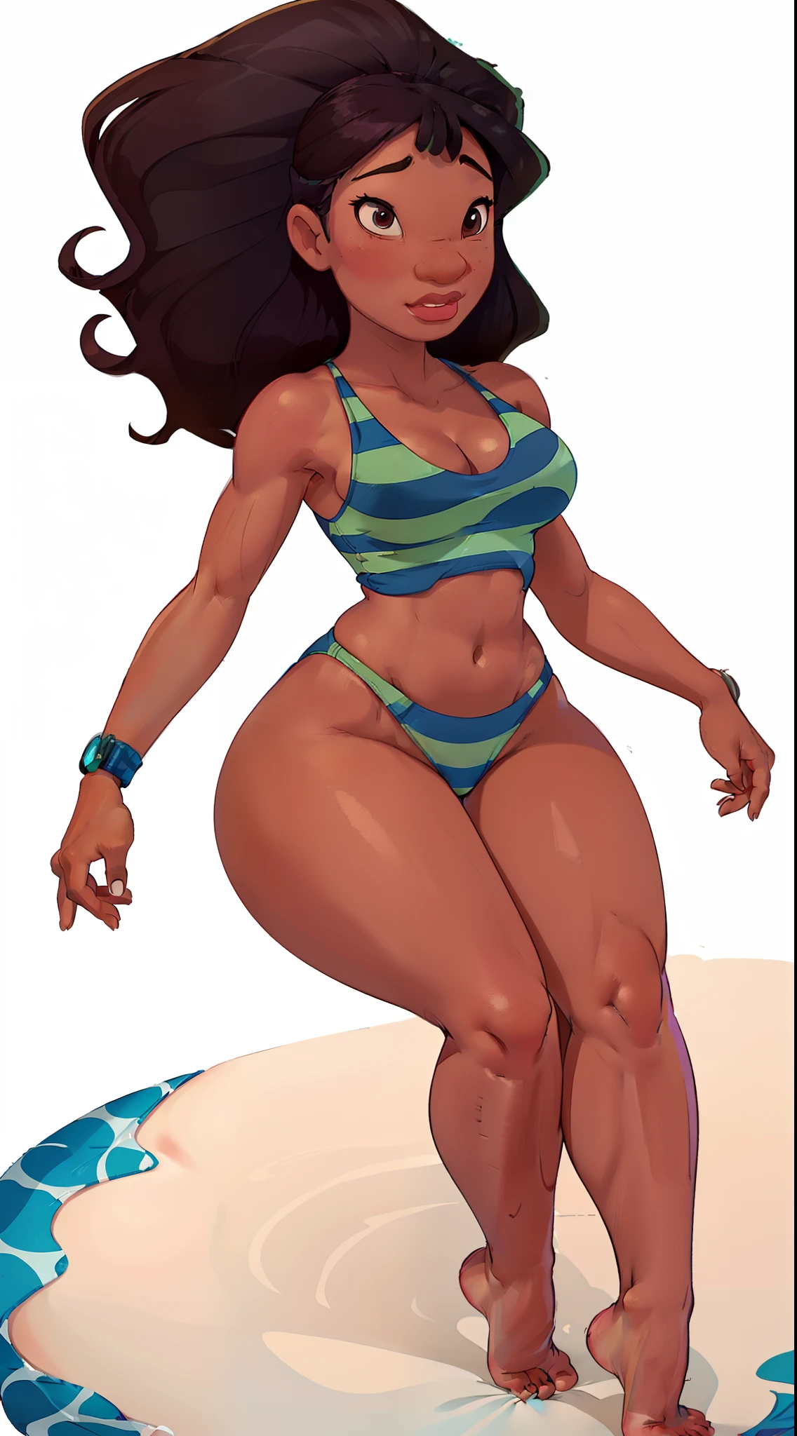 1girl, Nani pelekai ((naniwaifu))15 year old, Caribbean girl, (curvy muscular body), (Defined muscles, hourglass body shape aaa, thick thighs, muscular legs, sexy look, ebony , stunning Caribbean girl, Pink striped bikini
